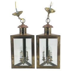 Pair of 1970s American Solid Brass Glass Lantern Pendant Sconces