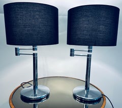 Pair of 1970s American Walter Von Nessen Style Swing Arm Chrome Table Lamps
