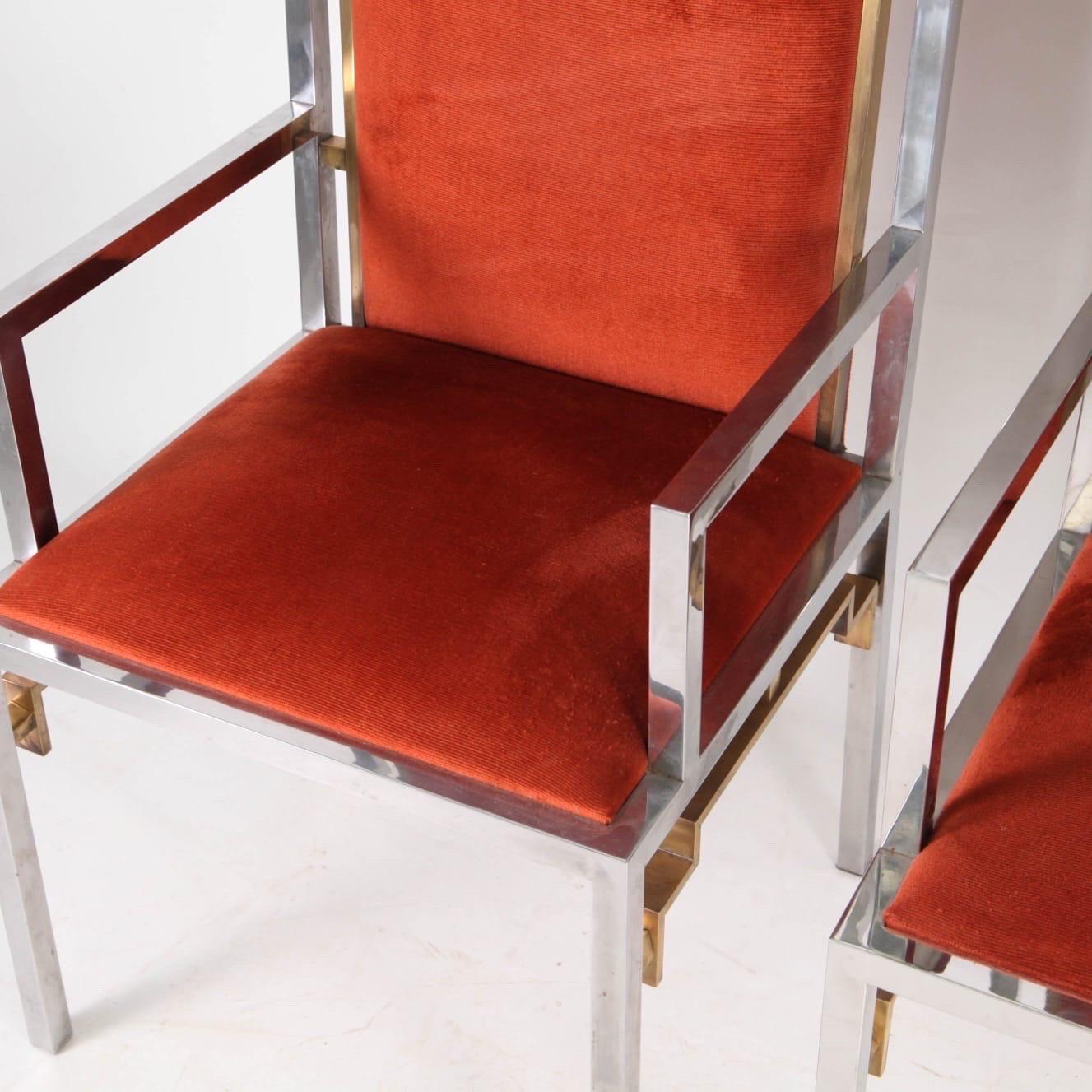 Exceptional pair of stainless steel and brass 1970s armchairs attributed to Romeo Rega.
Great quality and condition for this rare spectacular pair. 