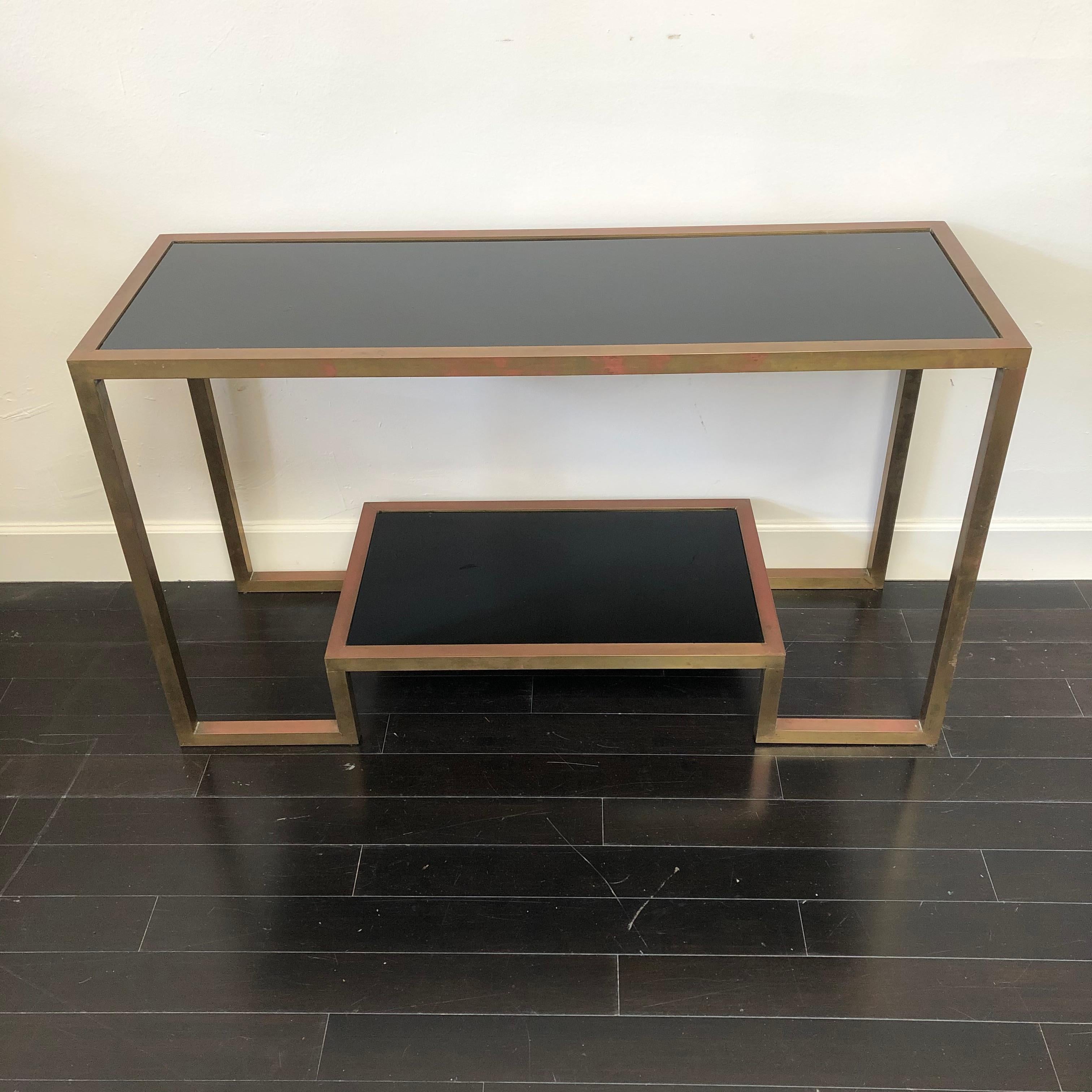 Pair of 1970's Art Deco Black Glass and Brass Consoles In Good Condition For Sale In Sausalito, CA