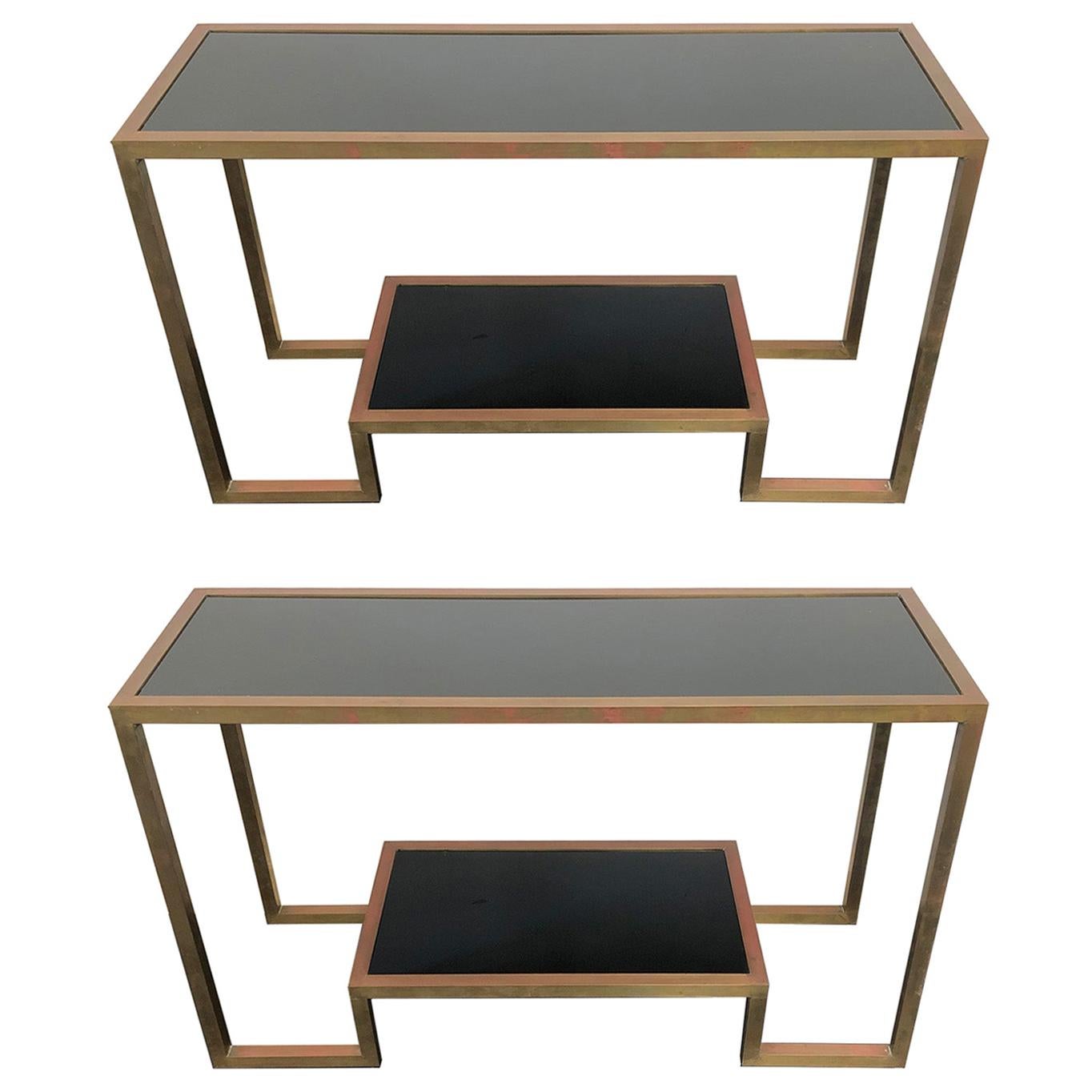 Pair of 1970's Art Deco Black Glass and Brass Consoles For Sale
