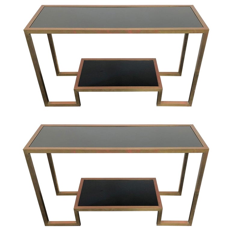 Pair of 1970's Art Deco Black Glass and Brass Consoles For Sale at 1stDibs