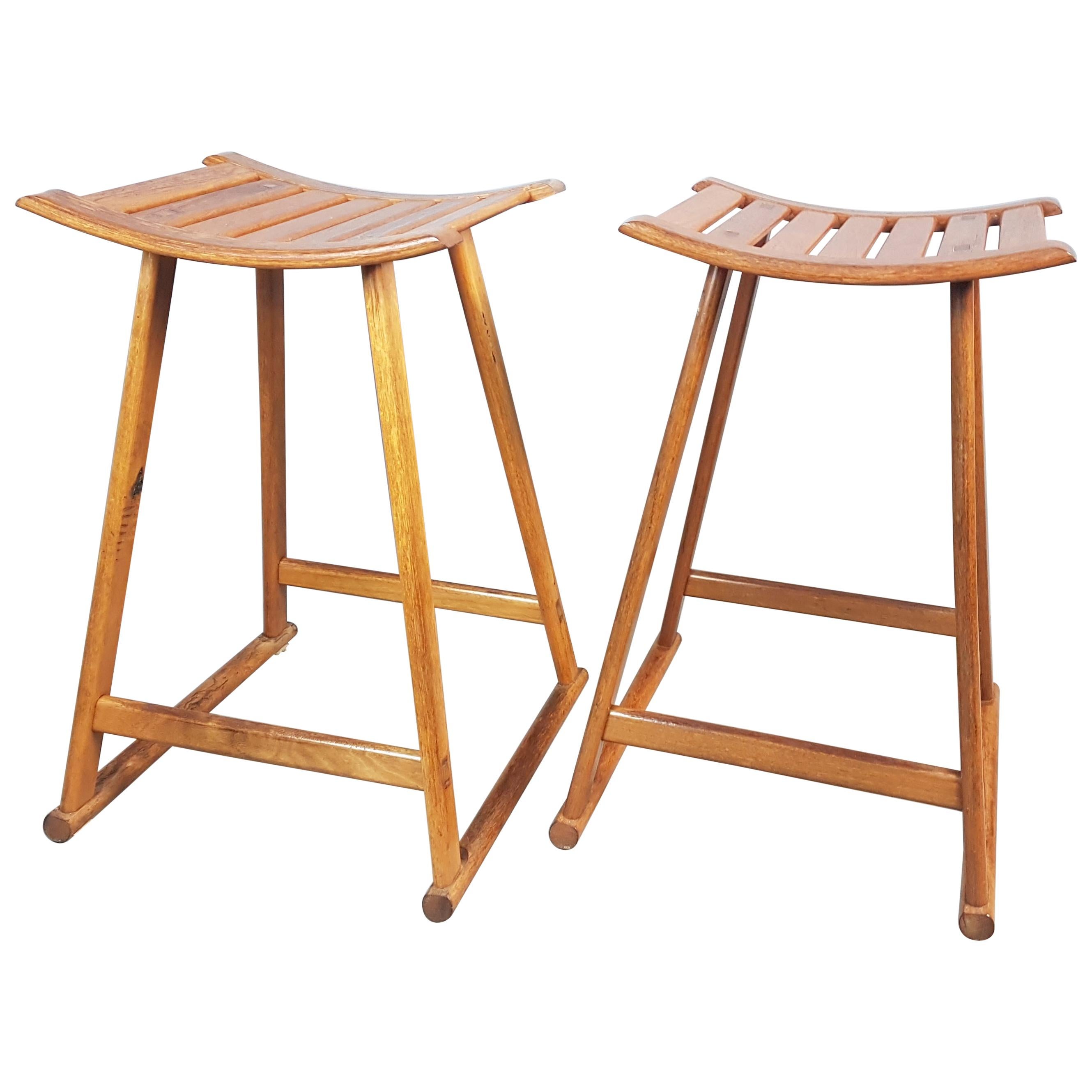 Pair of 1970s Arts 
Crafts Style Teak Stools For Sale