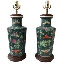 Pair of 1970s Asian Green Ceramic Ginger Jar Lamps