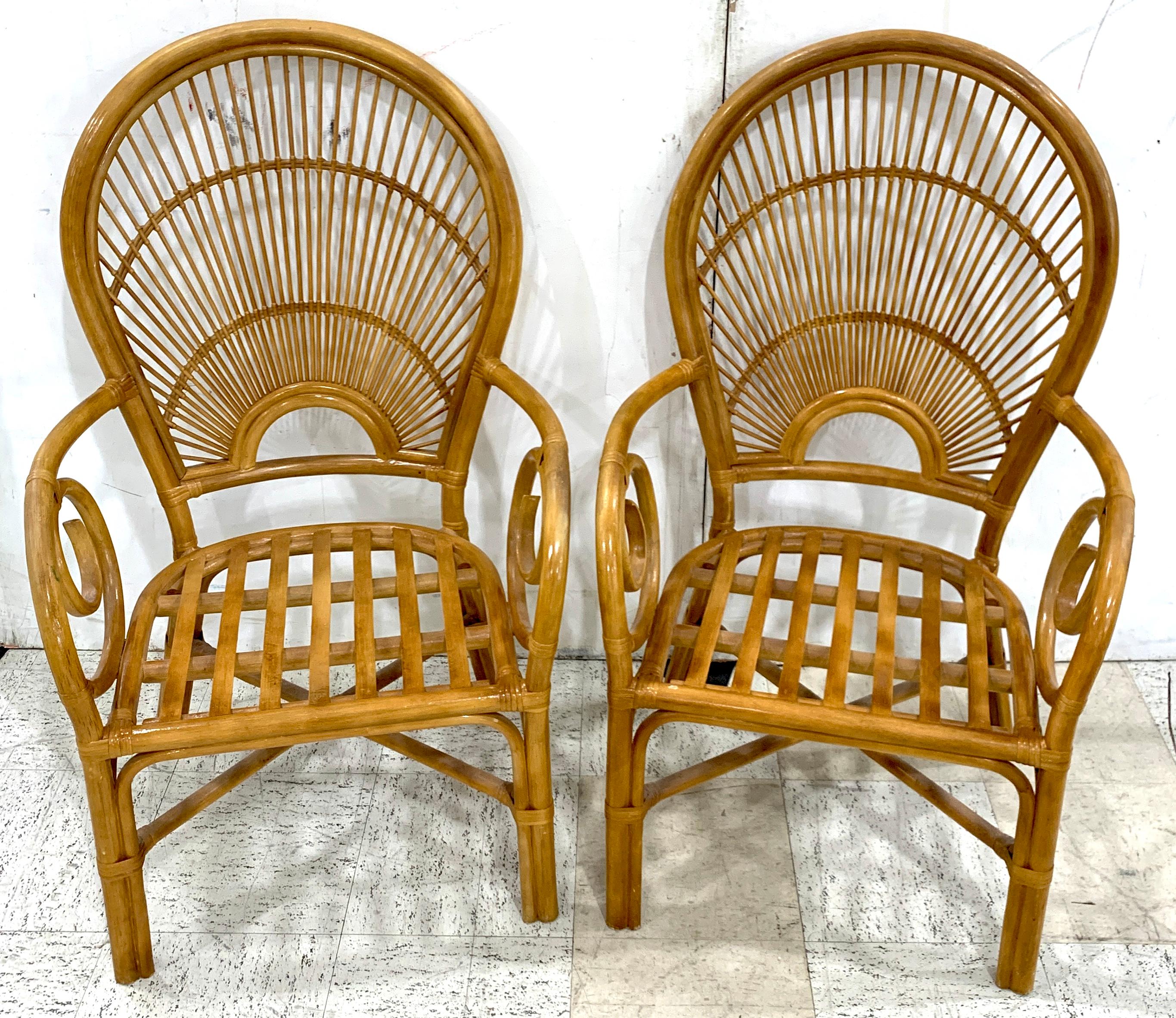 Mid-Century Modern Pair of 1970s Bamboo and Rattan 'Sunrise' Armchairs For Sale