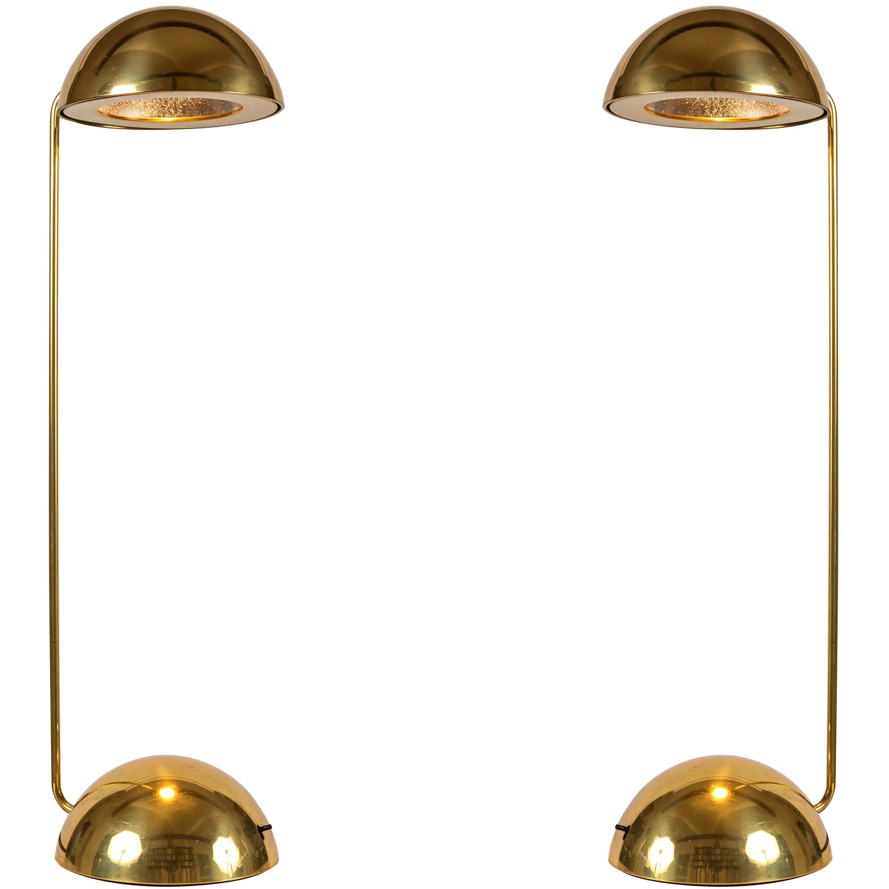 Pair of 1970s Barbieri & Marianelli Brass 'Bikini' table lamps for Tronconi. Executed in brass and metal. A surprisingly simple and refined design for its time, this highly adjustable lamp can be rotated into a number of positions for versatile