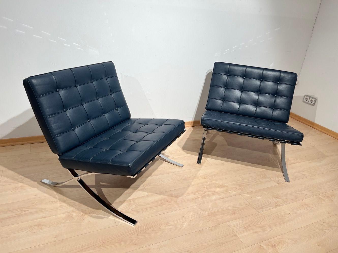 Pair of 1970s Barcelona Lounge Chairs by Mies Van Der Rohe in Blue Leather 4