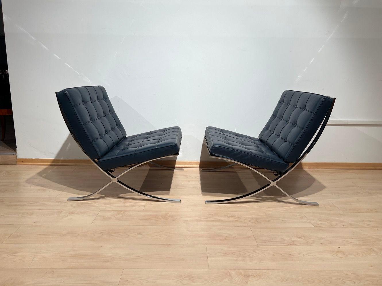 Pair of 1970s Barcelona Lounge Chairs by Mies Van Der Rohe in Blue Leather 5
