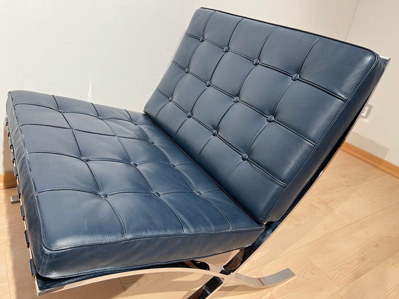 Pair of 1970s Barcelona Lounge Chairs by Mies Van Der Rohe in Blue Leather 9