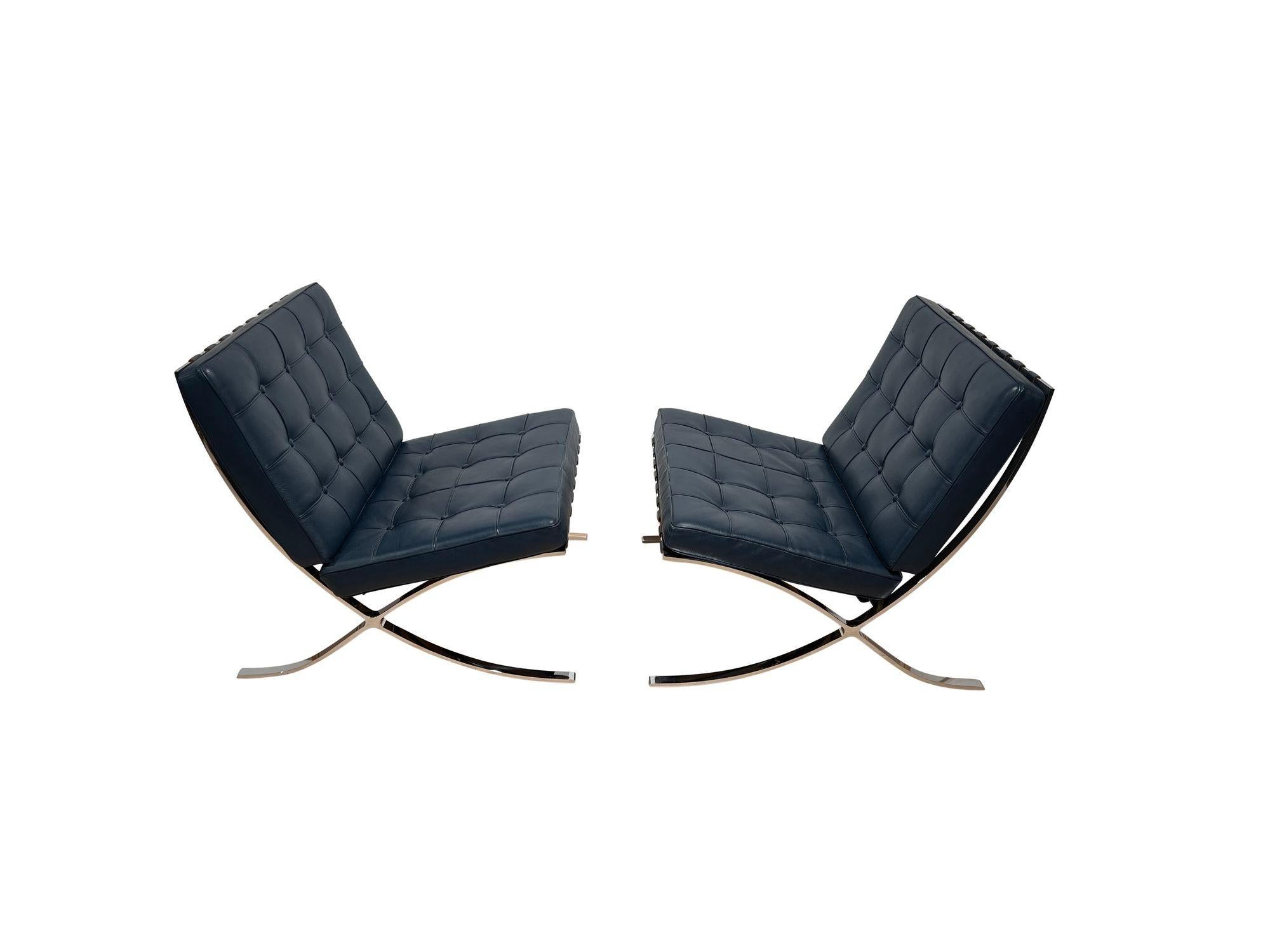 Well preserved pair of Barcelona Chairs from the 1970s.
Chrome-plated flat steel and black leather. Design by Ludwig Mies van der Rohe, 1929 for the German pavilion at the world exhibition in Barcelona.
Very good original condition. As one of the