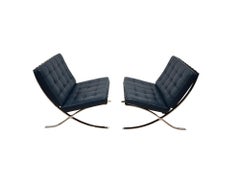 Pair of 1970s Barcelona Lounge Chairs by Mies van der Rohe in Blue Leather