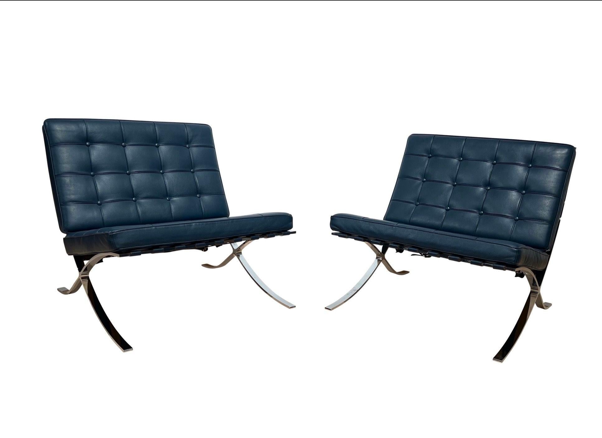 Bauhaus Pair of 1970s Barcelona Lounge Chairs by Mies Van Der Rohe in Blue Leather