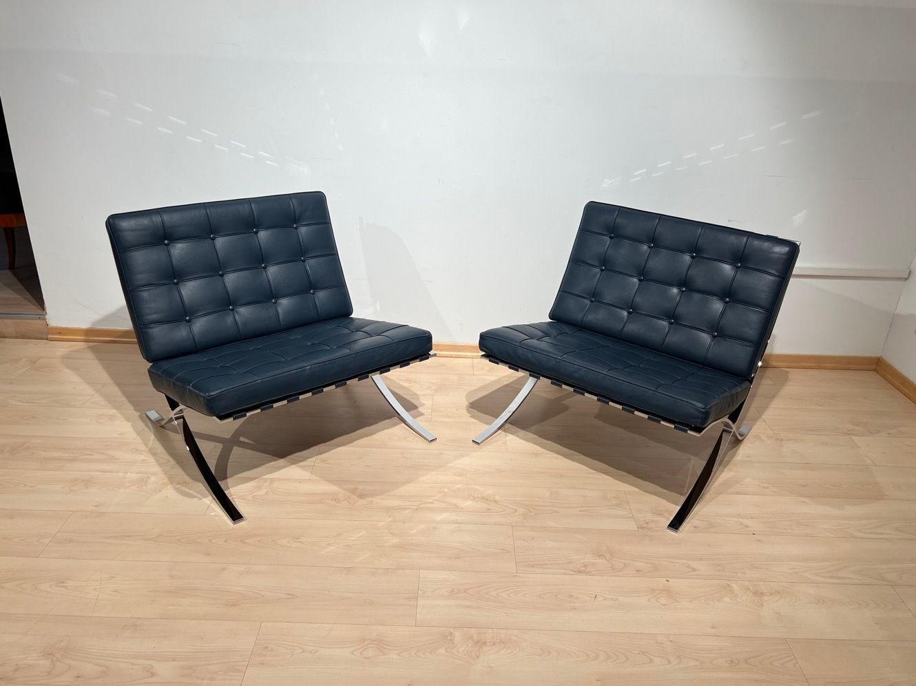 Pair of 1970s Barcelona Lounge Chairs by Mies Van Der Rohe in Blue Leather 3