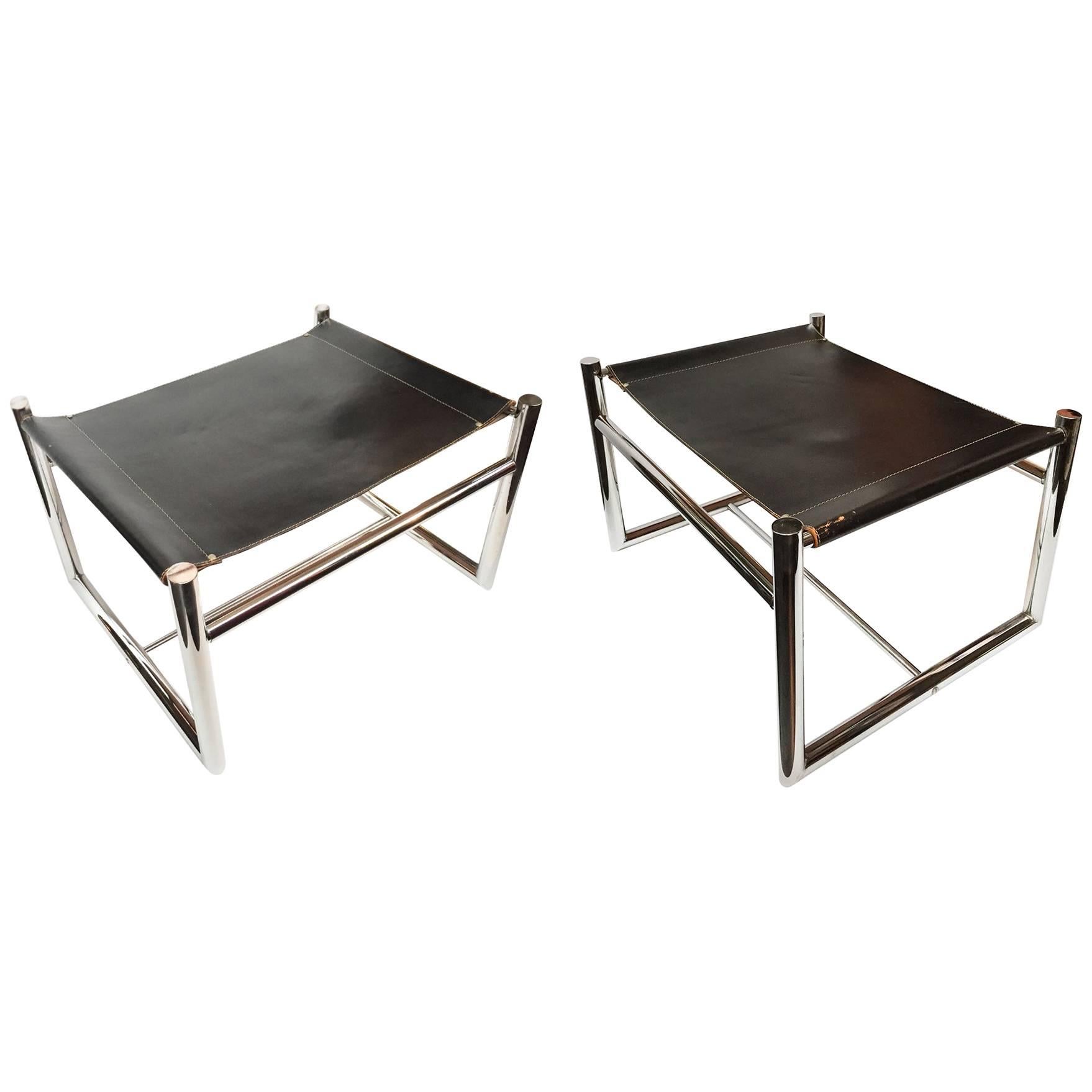Pair of 1970s Bauhaus Style Leather and Chromed Steel Bench Ottomans