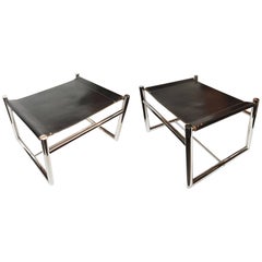 Vintage Pair of 1970s Bauhaus Style Leather and Chromed Steel Bench Ottomans