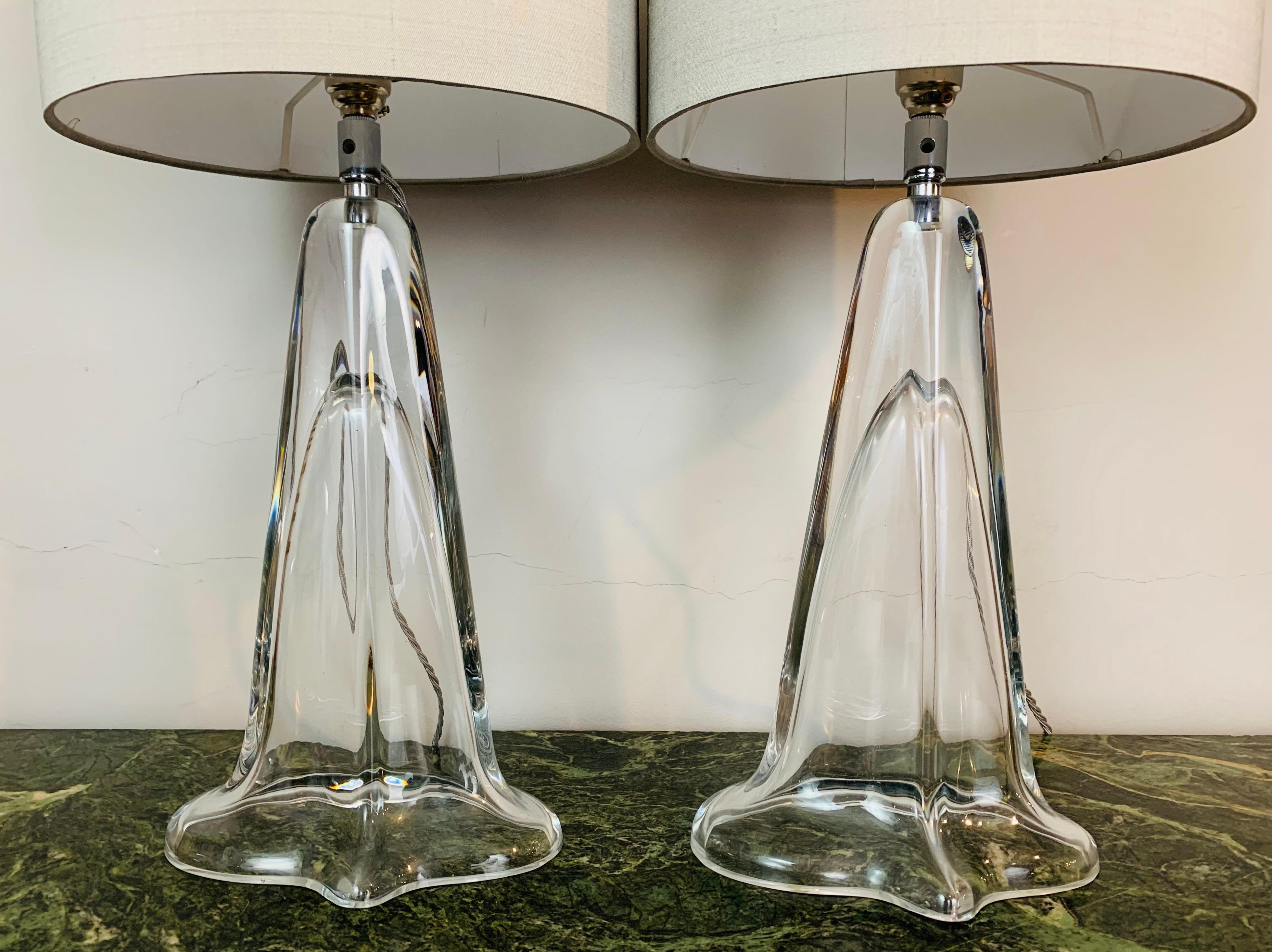 Pair of 1970s Belgium Clear Glass Tapered Oval Table Lamps with Chrome Fittings 4