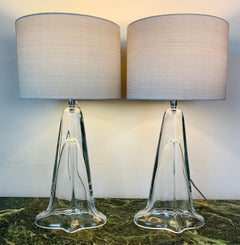 Pair of 1970s Belgium Clear Glass Tapered Oval Table Lamps with Chrome Fittings