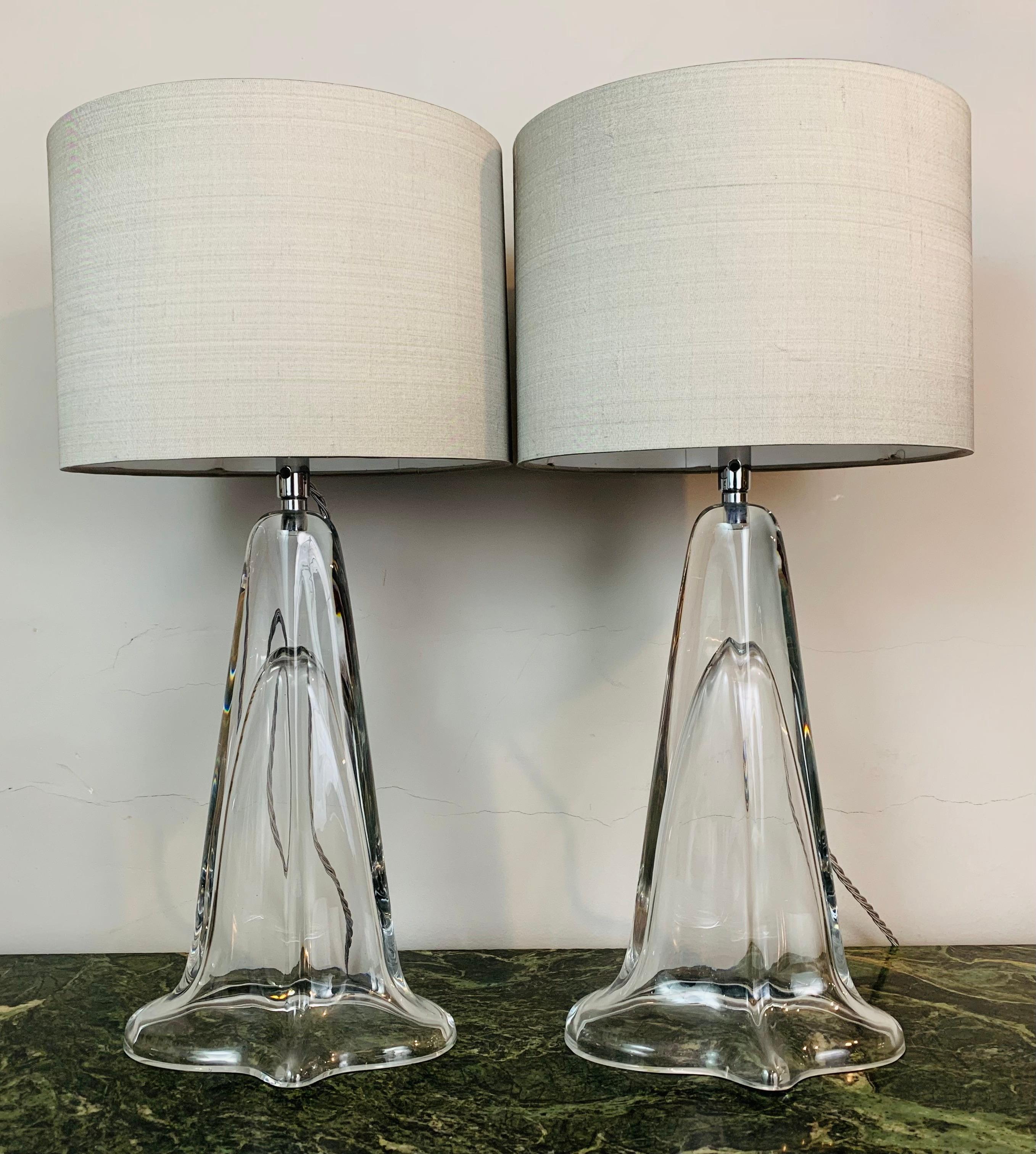 Pair of 1970s Belgium Clear Glass Tapered Oval Table Lamps with Chrome Fittings 1