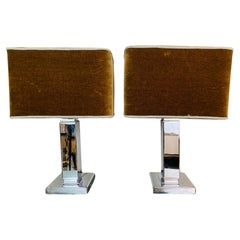 Vintage Pair of 1970s Belgium Square Chrome Table Lamps Inc Original Velvet Shades