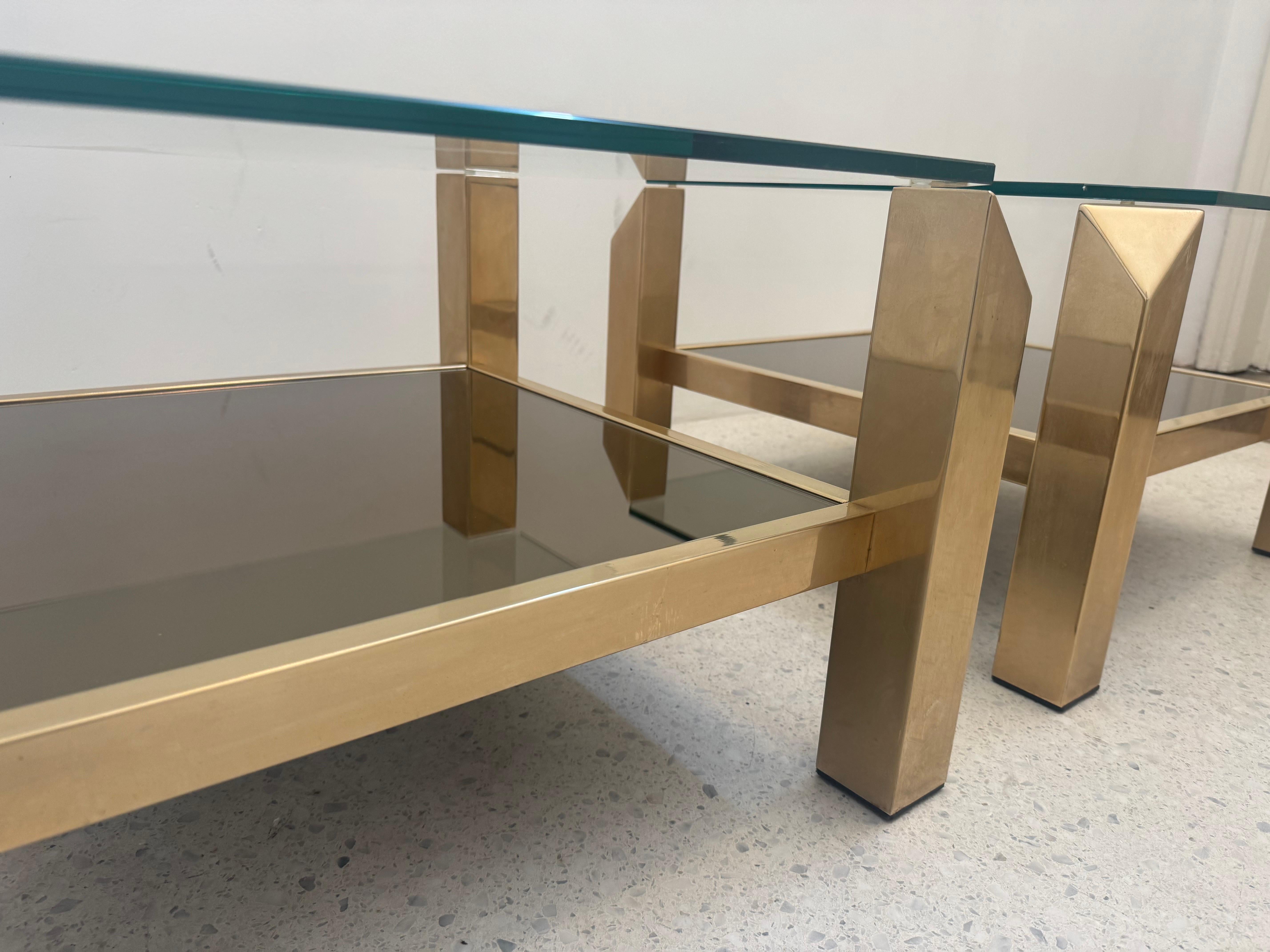 Belgian Pair of 1970s Belgo Chrom Gold-Plated Glass Tables, Hollywood Regency For Sale