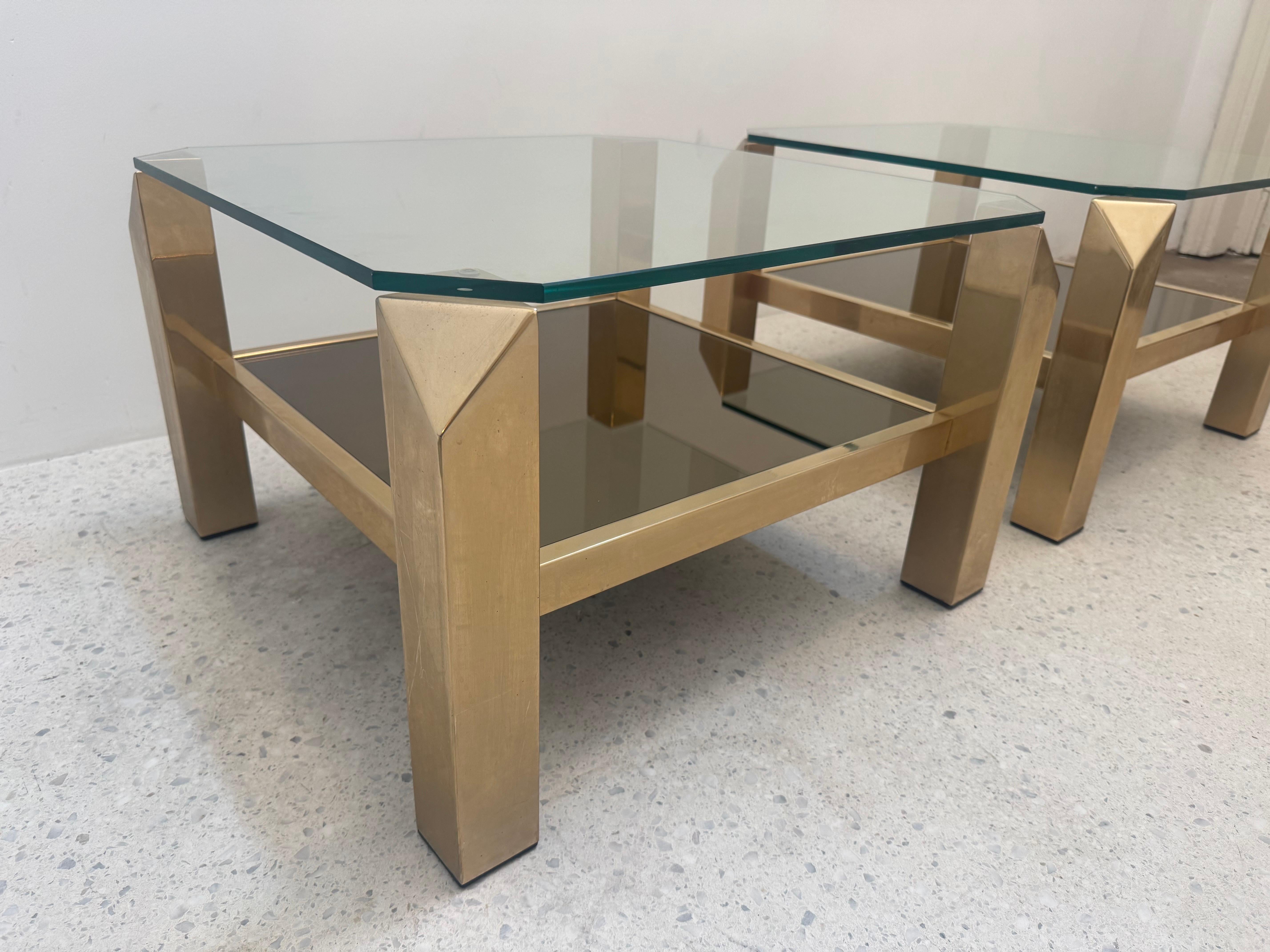 Late 20th Century Pair of 1970s Belgo Chrom Gold-Plated Glass Tables, Hollywood Regency For Sale