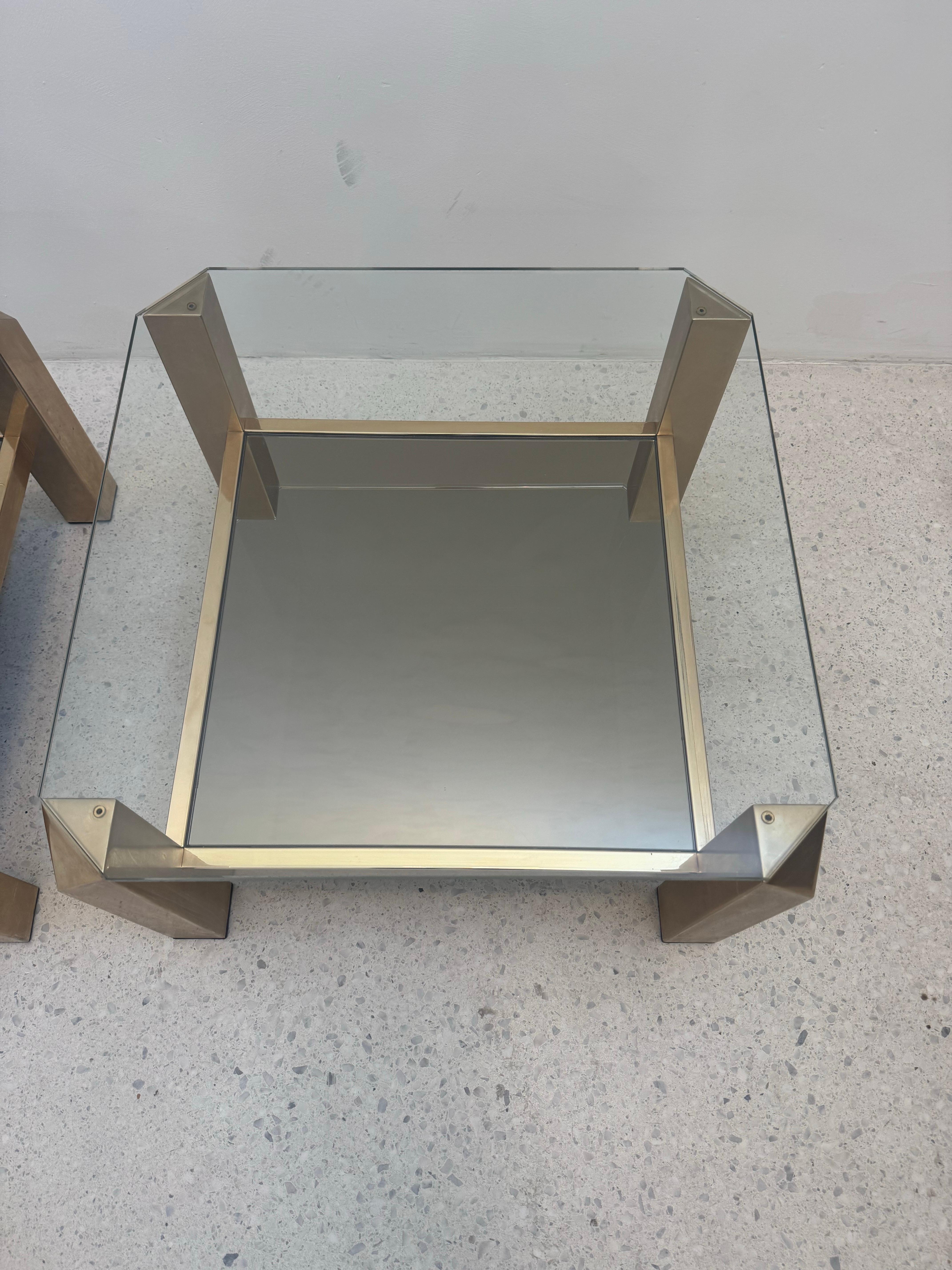 Steel Pair of 1970s Belgo Chrom Gold-Plated Glass Tables, Hollywood Regency For Sale