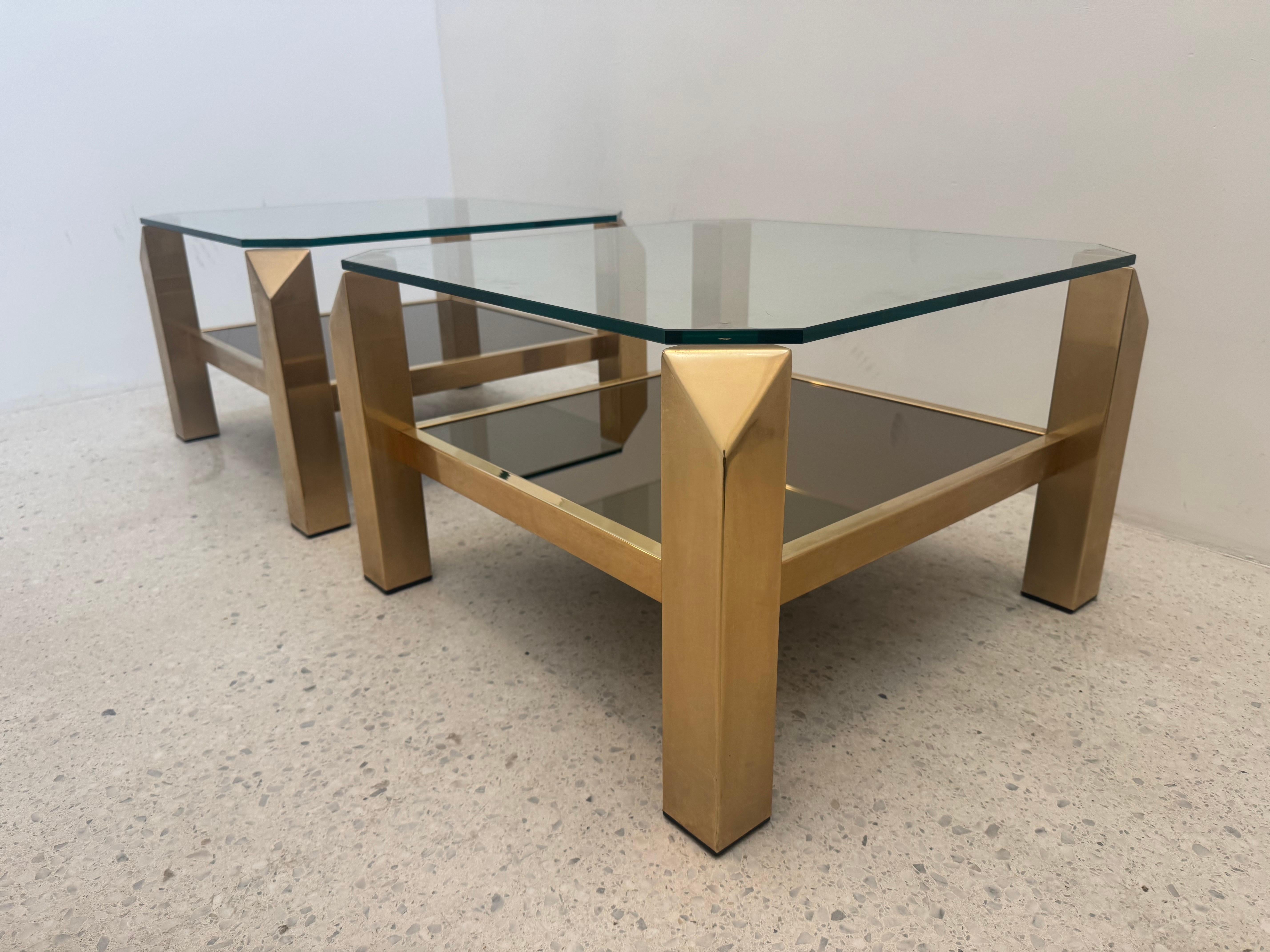 Pair of 1970s Belgo Chrom Gold-Plated Glass Tables, Hollywood Regency For Sale 1
