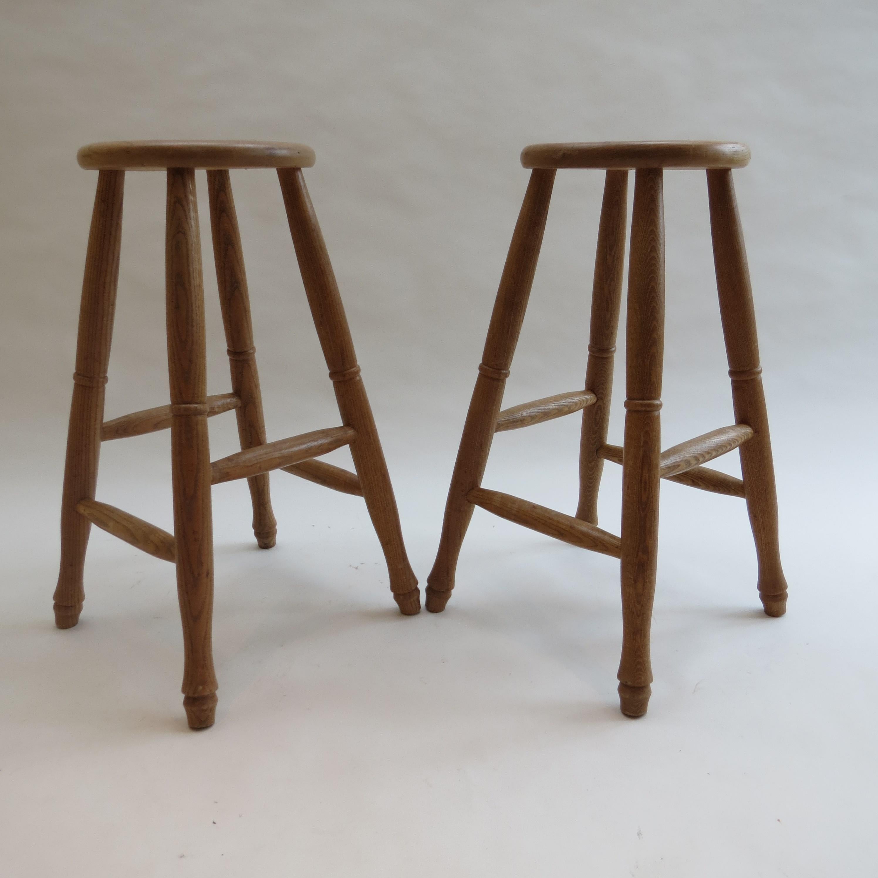 Mid-Century Modern Pair of 1970s Bespoke Made Solid Ash Bar High Stools