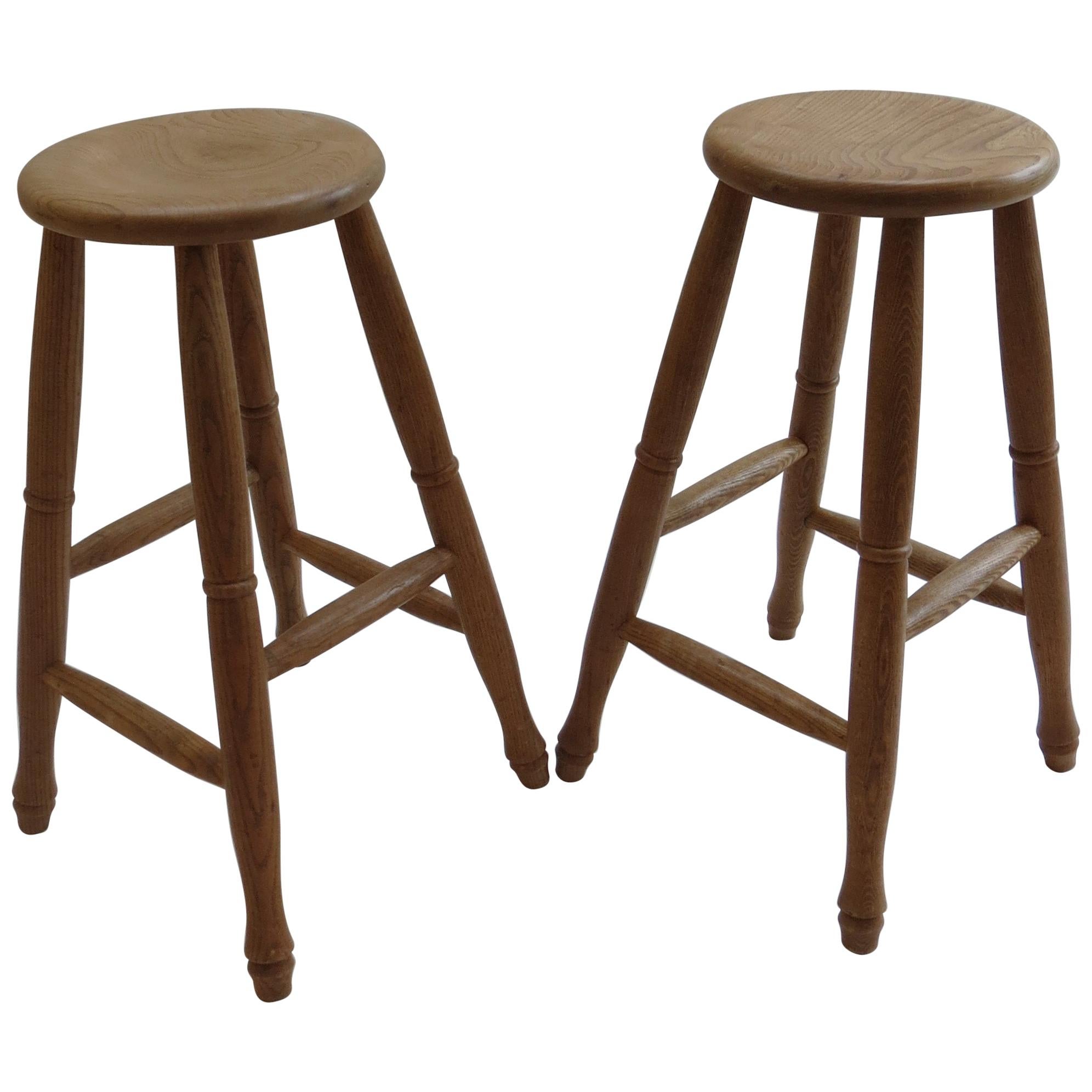 Pair of 1970s Bespoke Made Solid Ash Bar High Stools