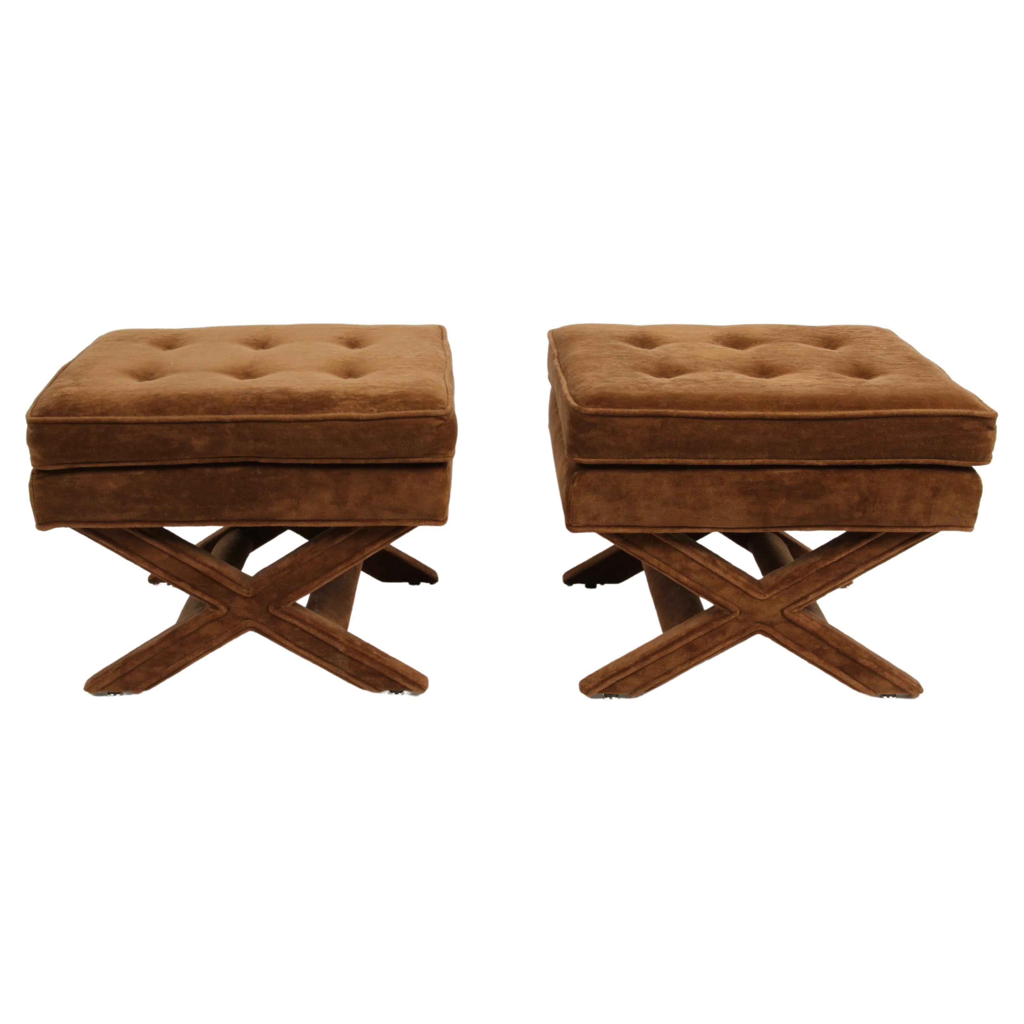 Pair of 1970s Billy Baldwin Style Brown Velvet Upholstered x Stools or Ottomans For Sale