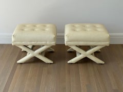 Pair of 1970s Billy Baldwin Style Creme Vinyl Upholstered X Stools or Ottomans