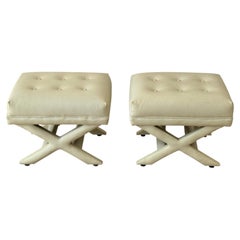 Pair of 1970s Billy Baldwin Style Creme Vinyl Upholstered X Stools or Ottomans