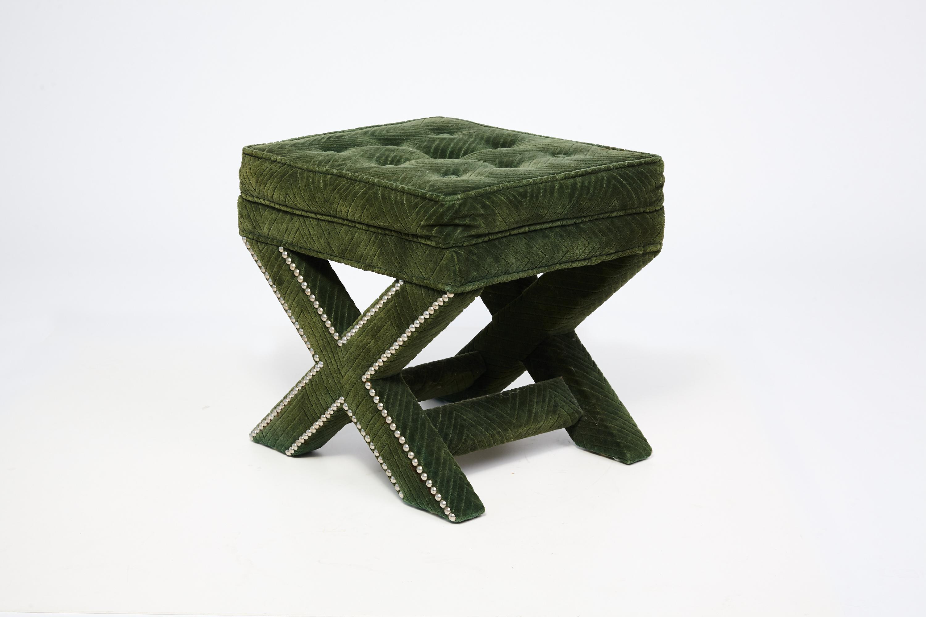 Hollywood Regency Pair of 1970s Billy Baldwin Style X Green Emerald Stools