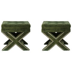 Pair of 1970s Billy Baldwin Style X Green Emerald Stools