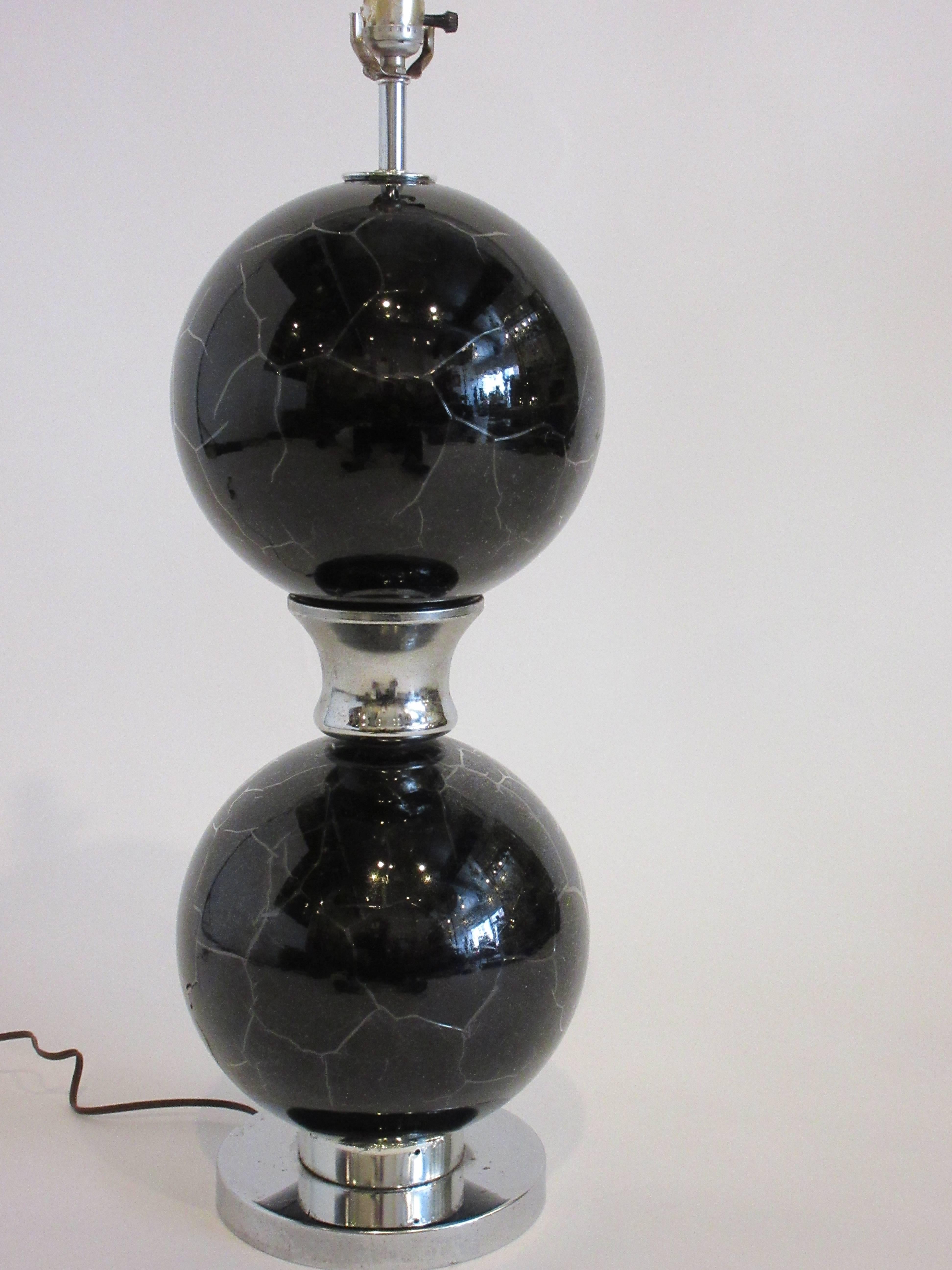 Pair of 1970s Black and Chrome Crackled Glass Lamps In Good Condition For Sale In Tarrytown, NY