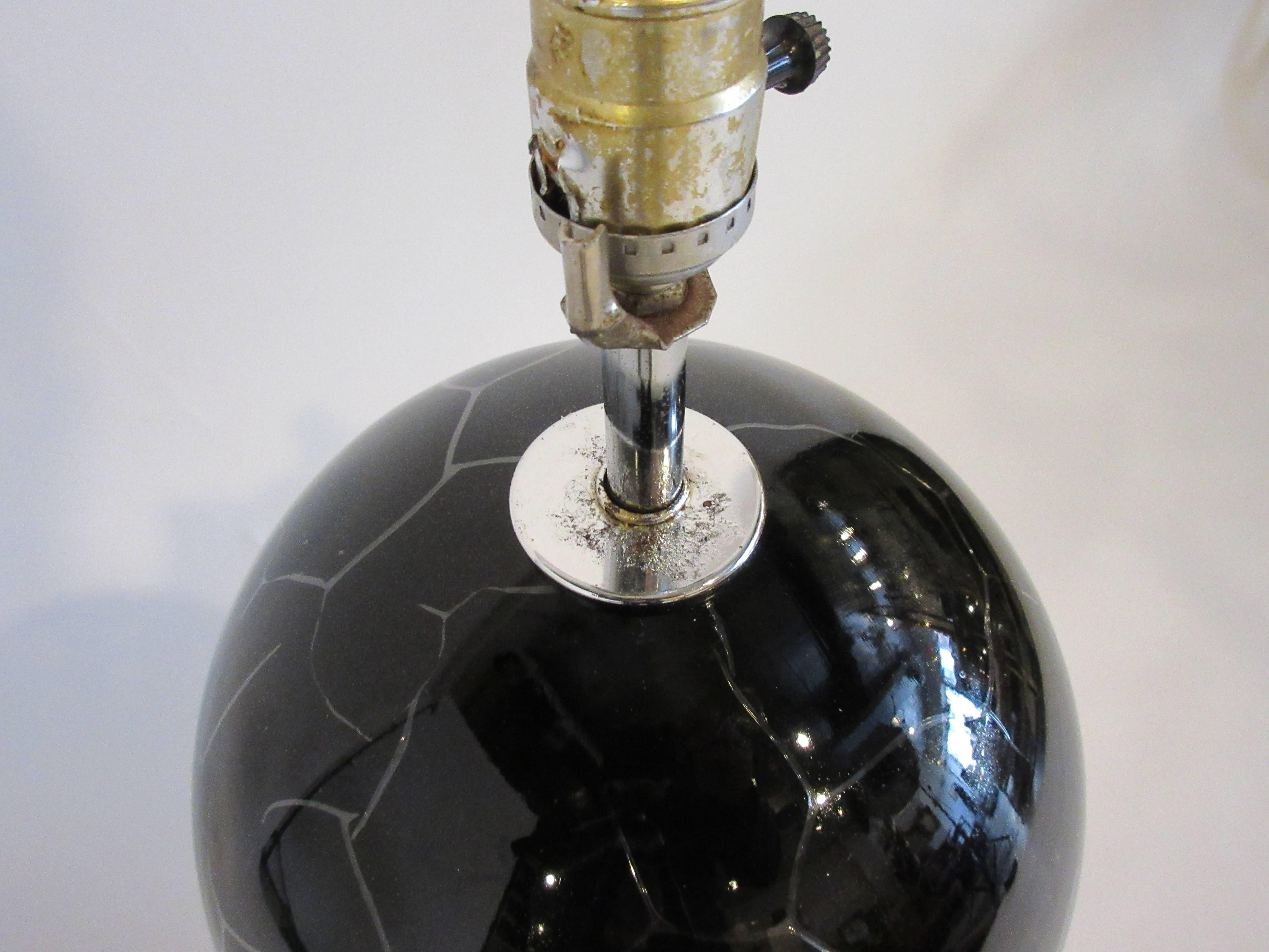 Pair of 1970s Black and Chrome Crackled Glass Lamps For Sale 1