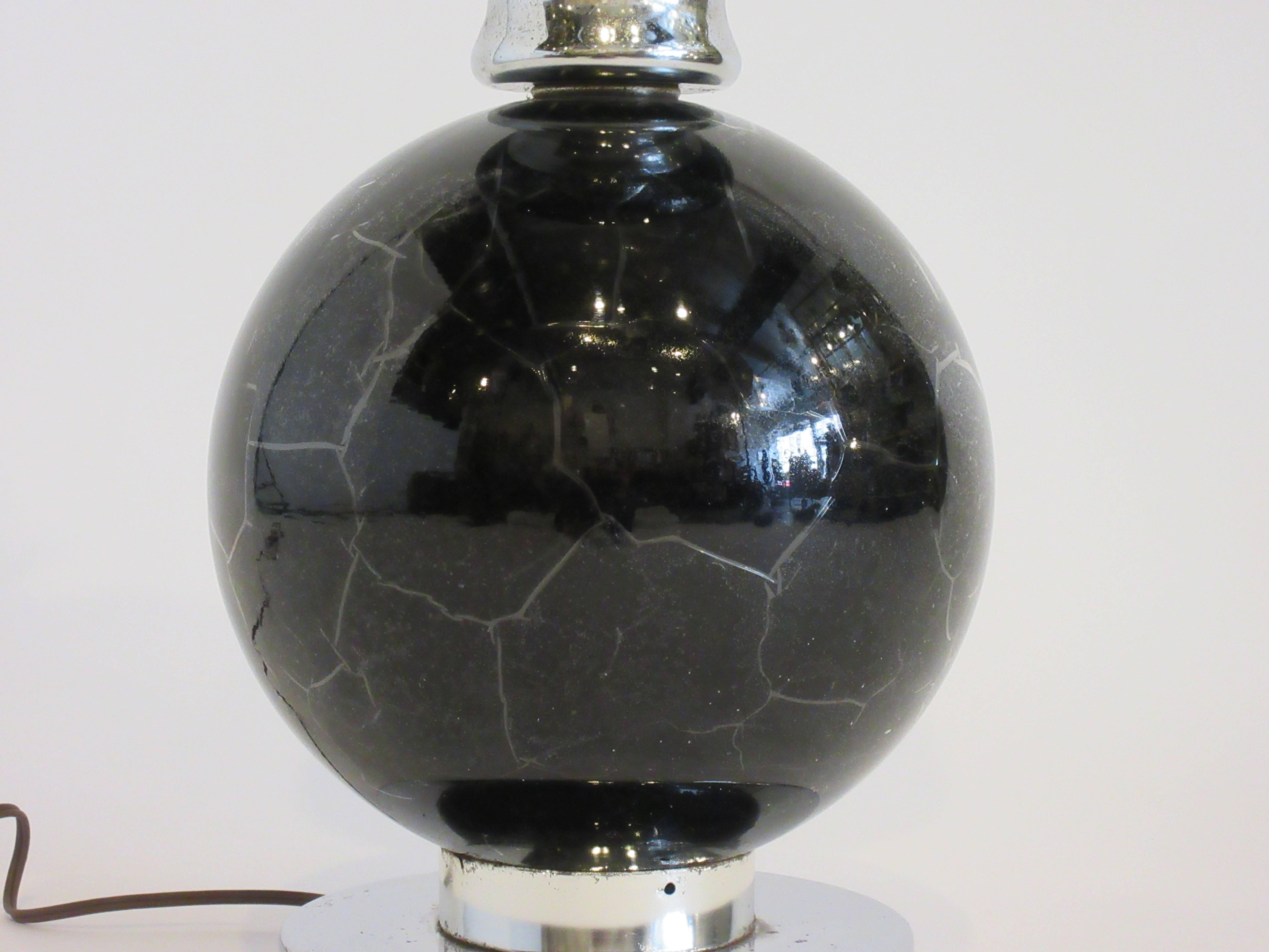 Pair of 1970s Black and Chrome Crackled Glass Lamps For Sale 2