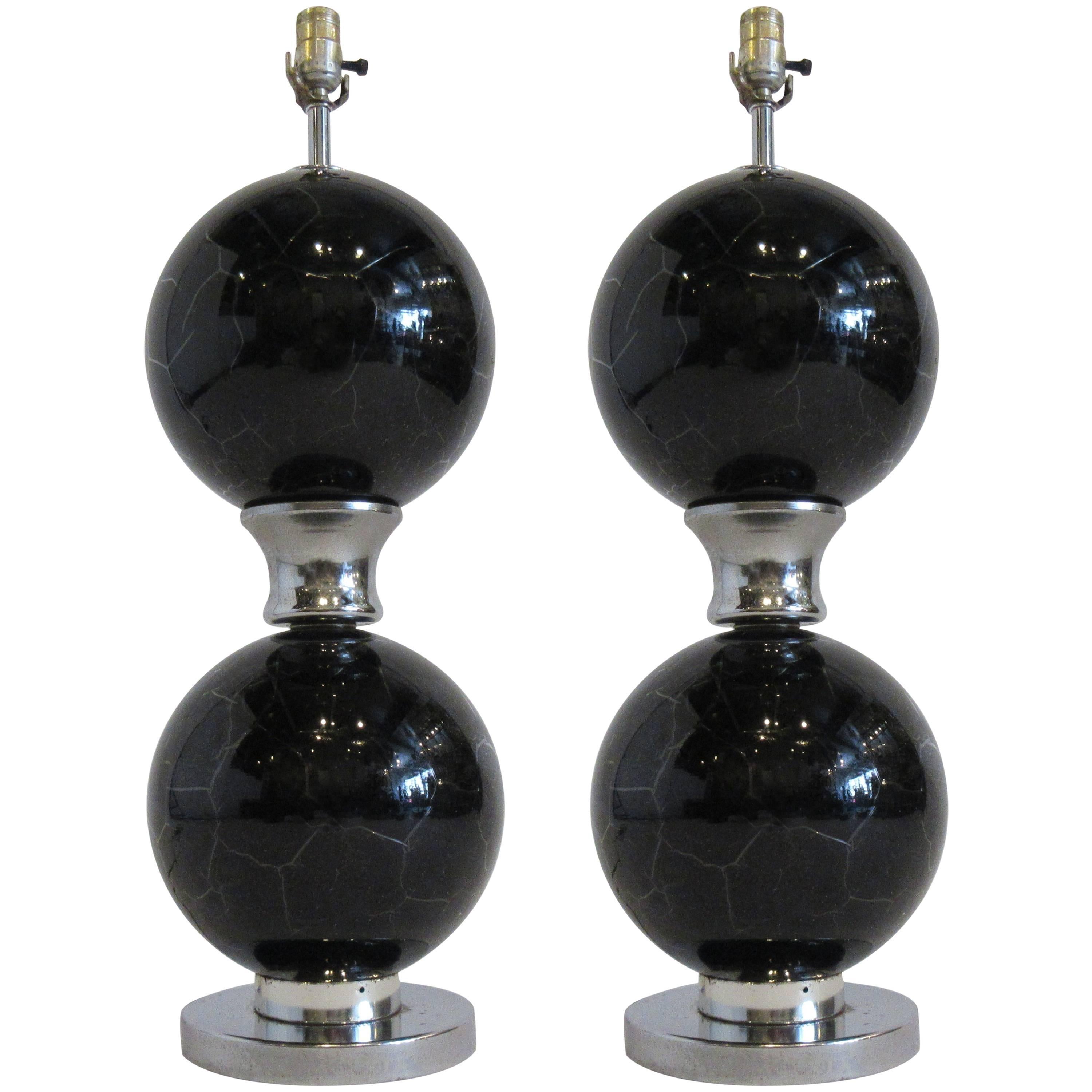 Pair of 1970s Black and Chrome Crackled Glass Lamps