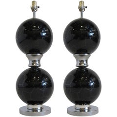 Vintage Pair of 1970s Black and Chrome Crackled Glass Lamps