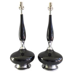 Pair of 1970s Black and Chrome Genie Bottle Lamps