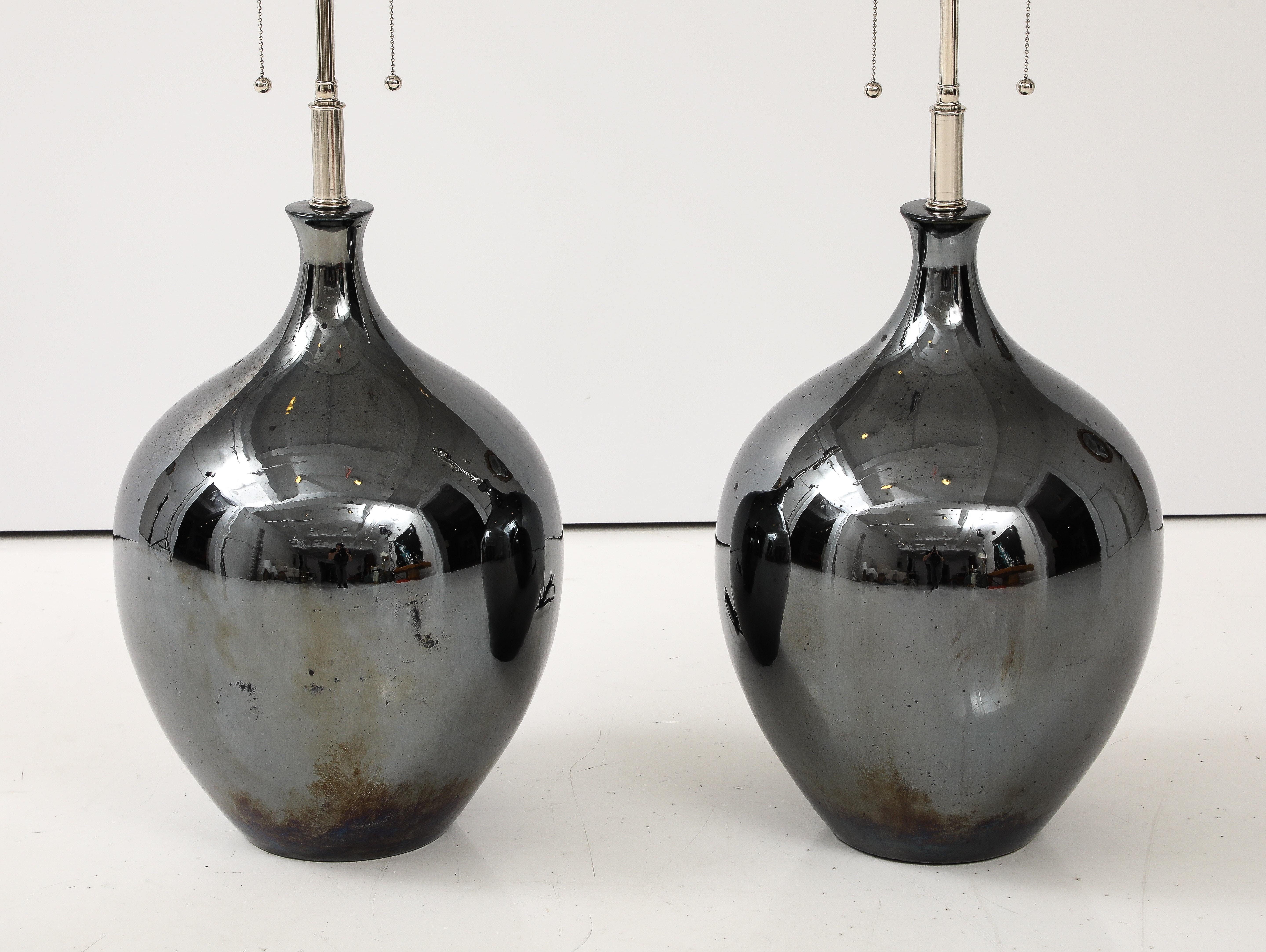 Mid-Century Modern Pair of 1970's Black Nickel Ceramic Lamps For Sale