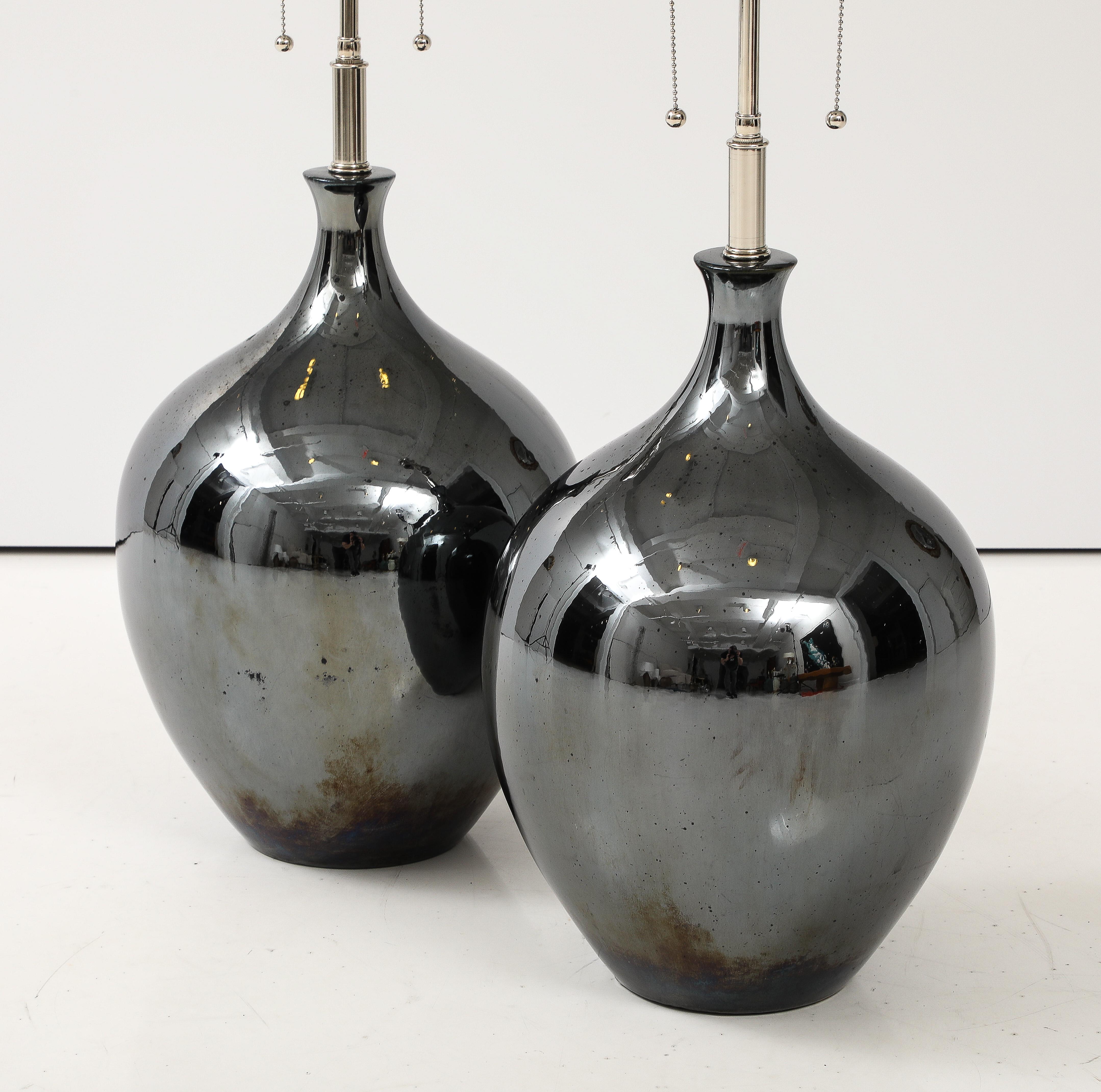 American Pair of 1970's Black Nickel Ceramic Lamps For Sale