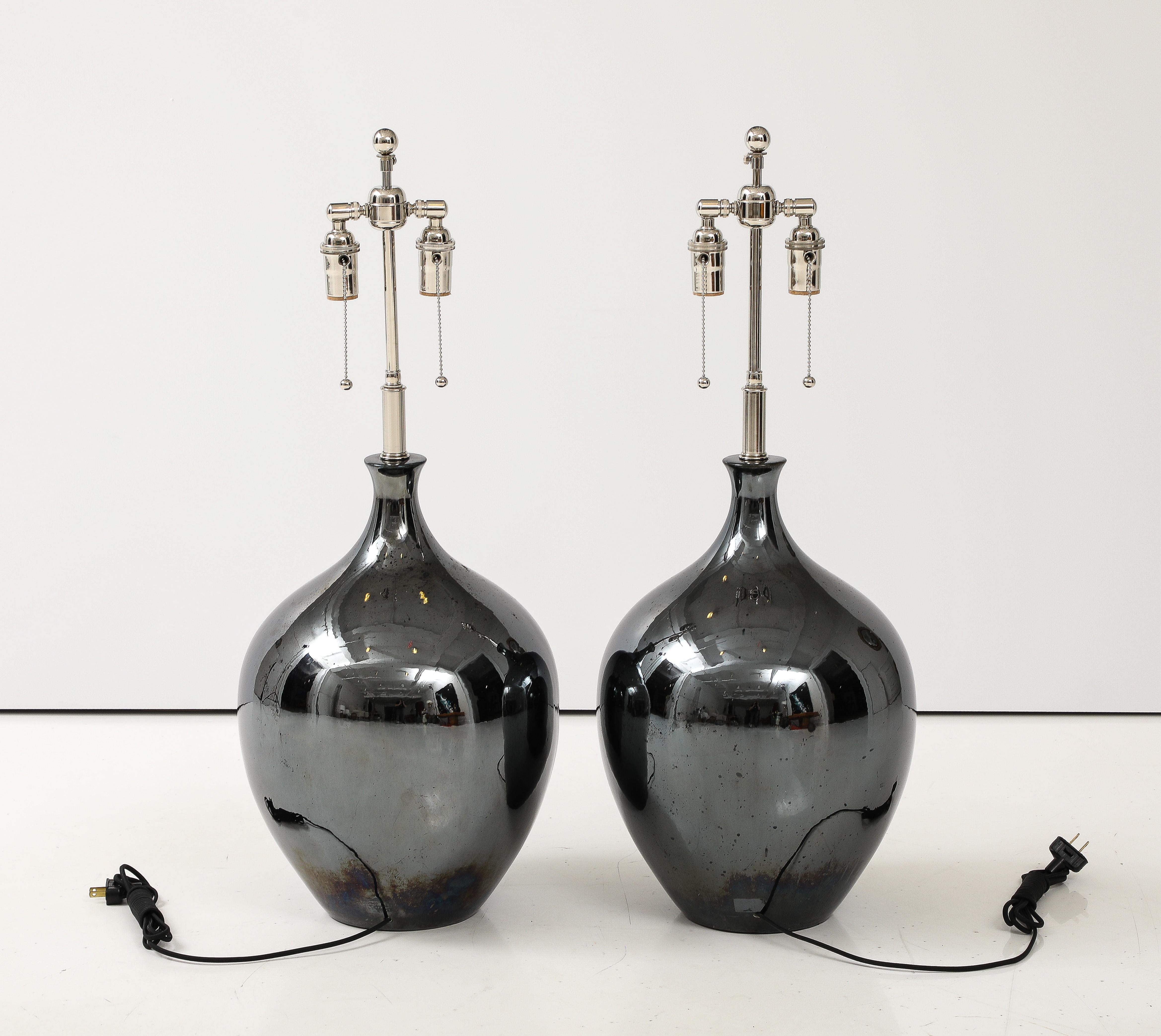 Glazed Pair of 1970's Black Nickel Ceramic Lamps For Sale