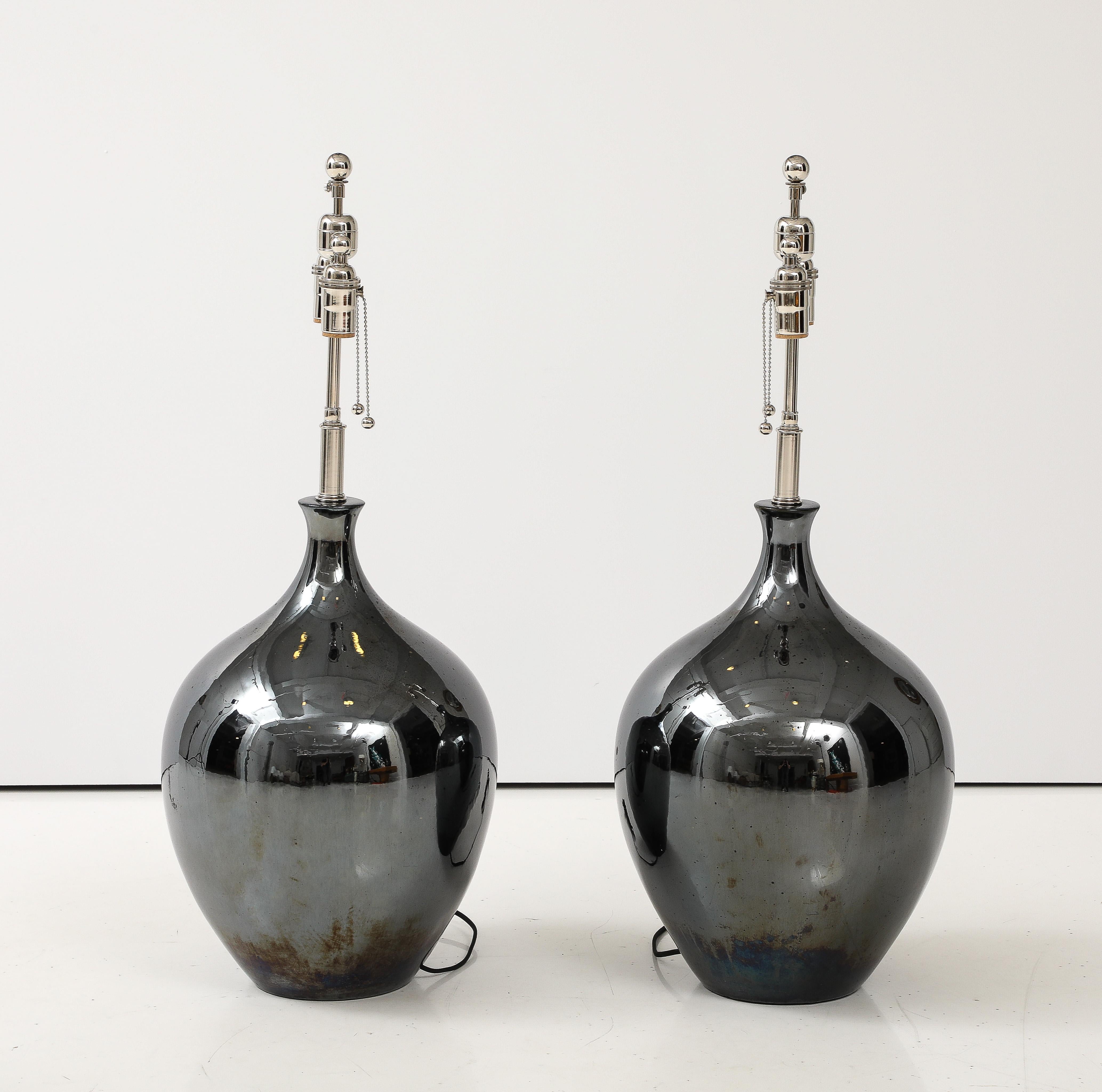 Pair of 1970's Black Nickel Ceramic Lamps In Good Condition For Sale In New York, NY