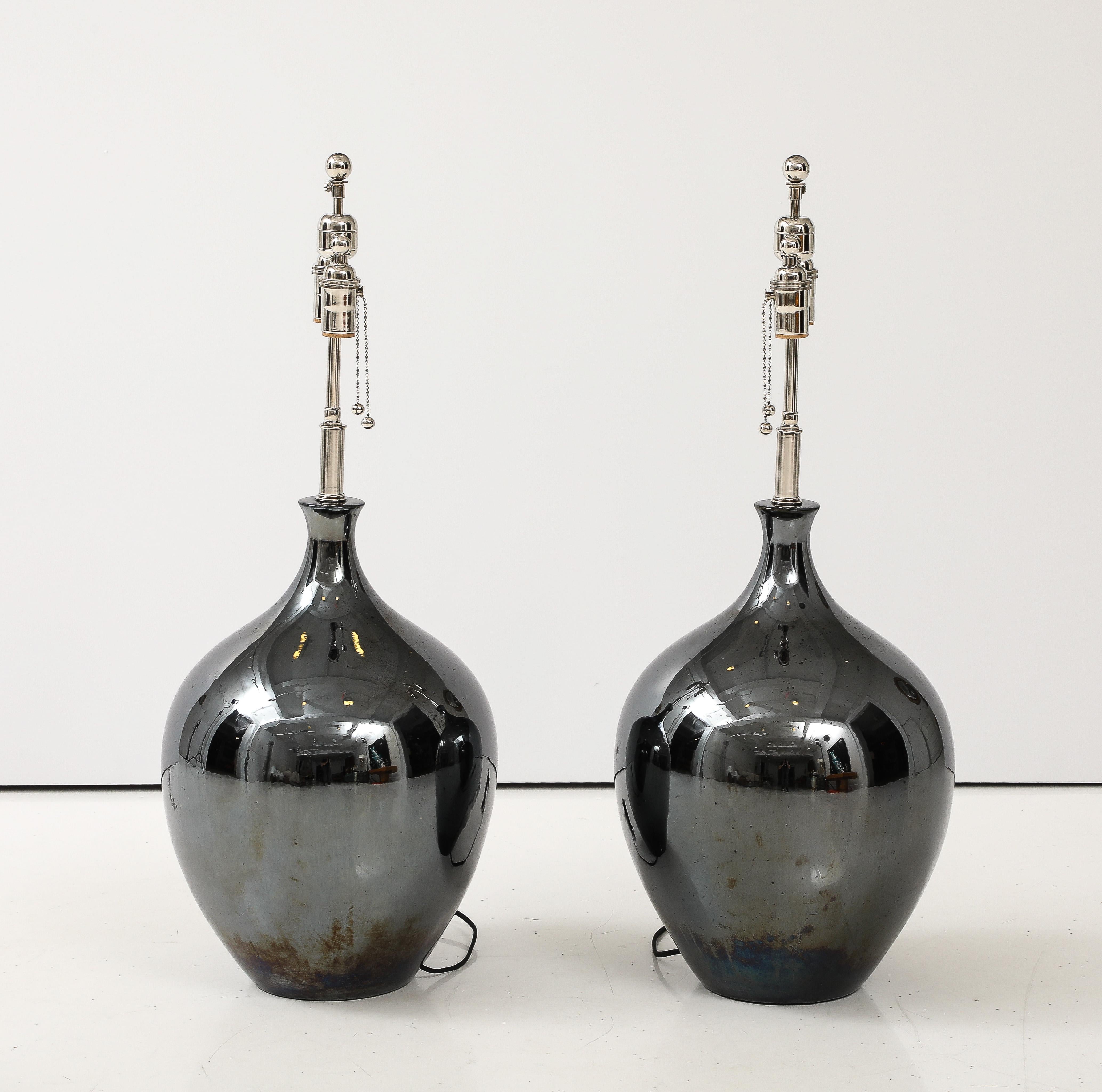 Pair of 1970's Black Nickel Ceramic Lamps In Excellent Condition For Sale In New York, NY