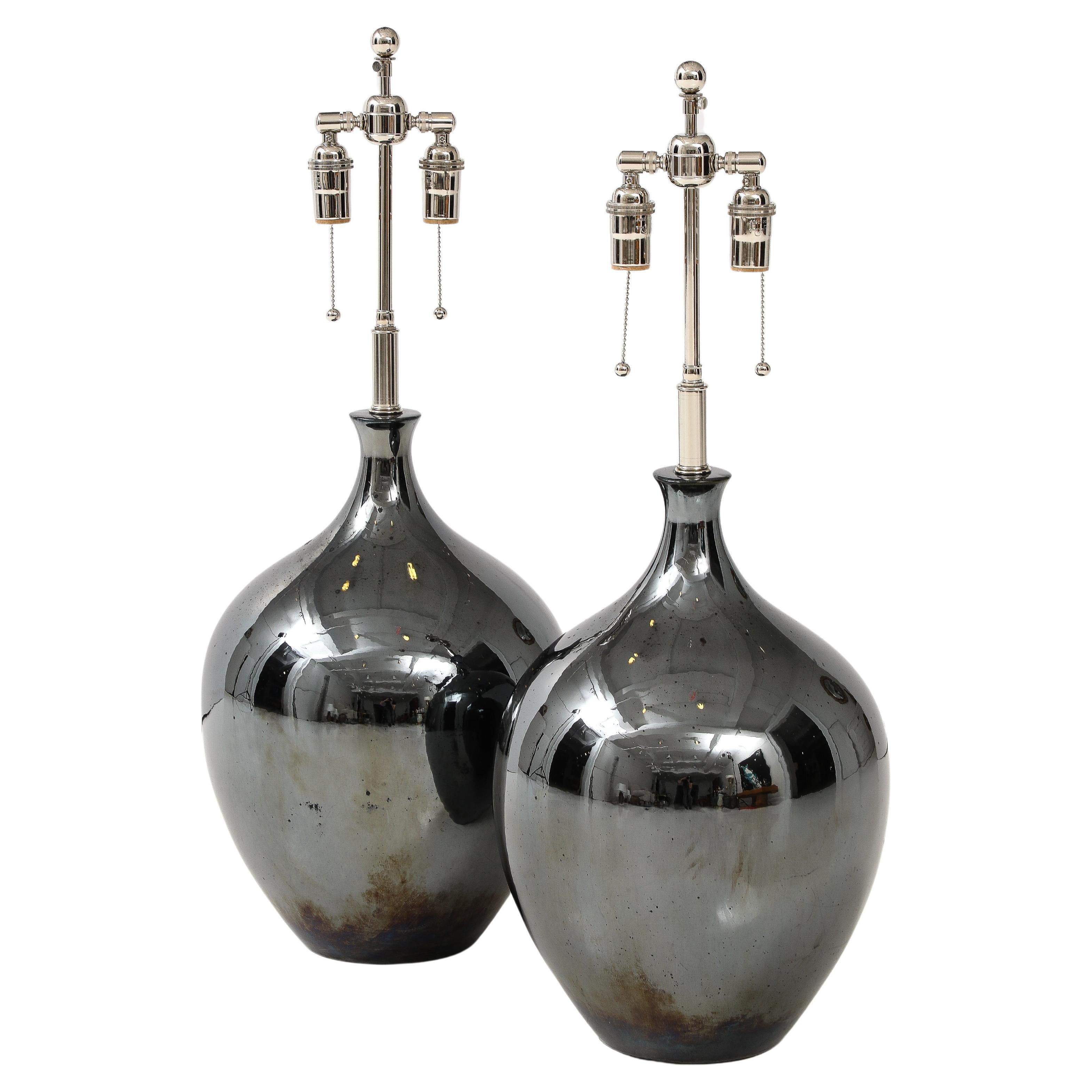 Pair of 1970's Black Nickel Ceramic Lamps For Sale