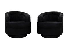 Pair of 1970's Black Swivel Chairs in the Style of Milo Baughman