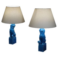 Coppia di lampade a forma di foo dog in ceramica blu degli anni '70, vintage cinese