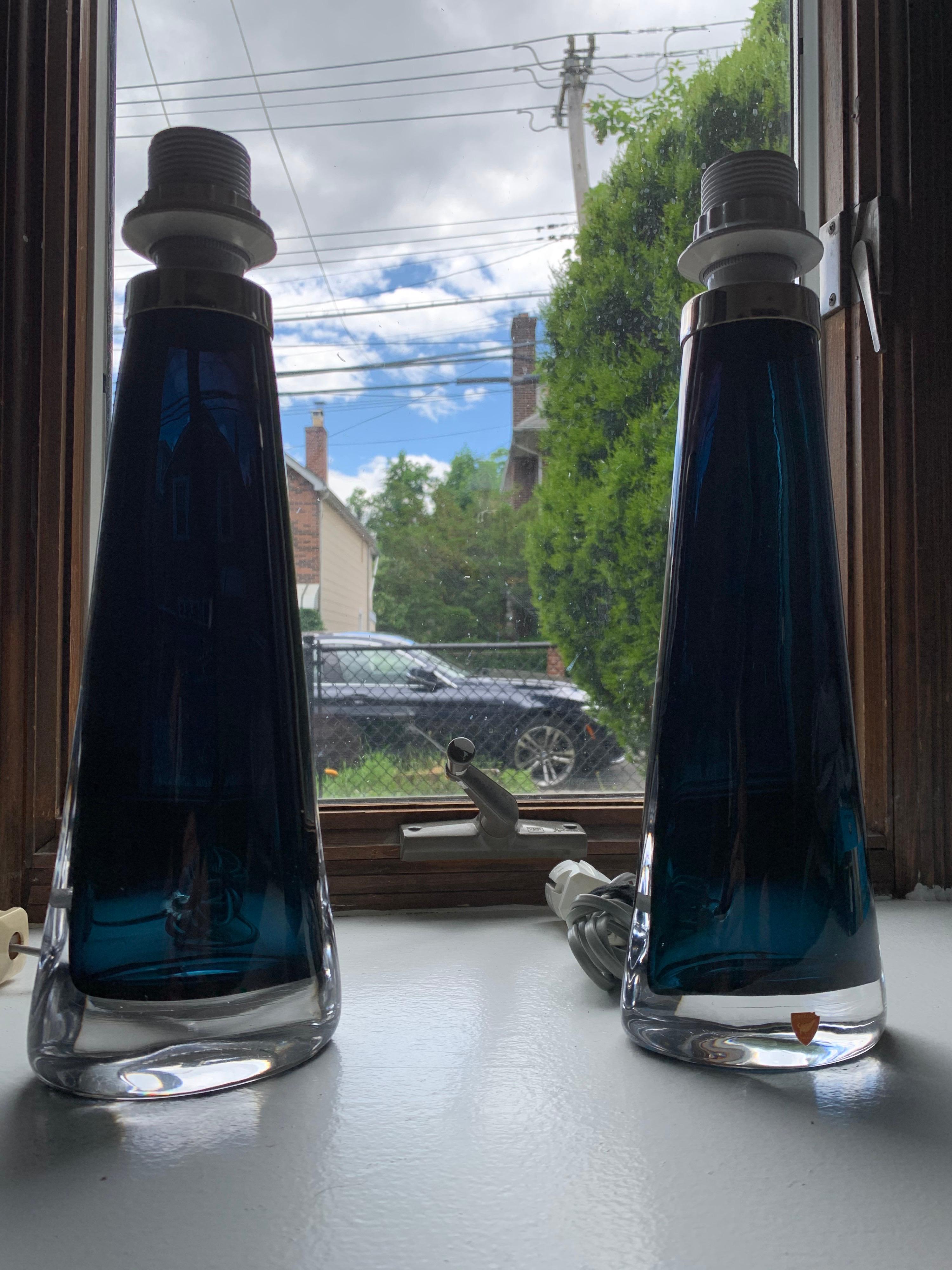 Cast Pair of 1970s Blue Conical Orrefors Lamps Design Carl Fagerlund, Sweden, 1970 For Sale