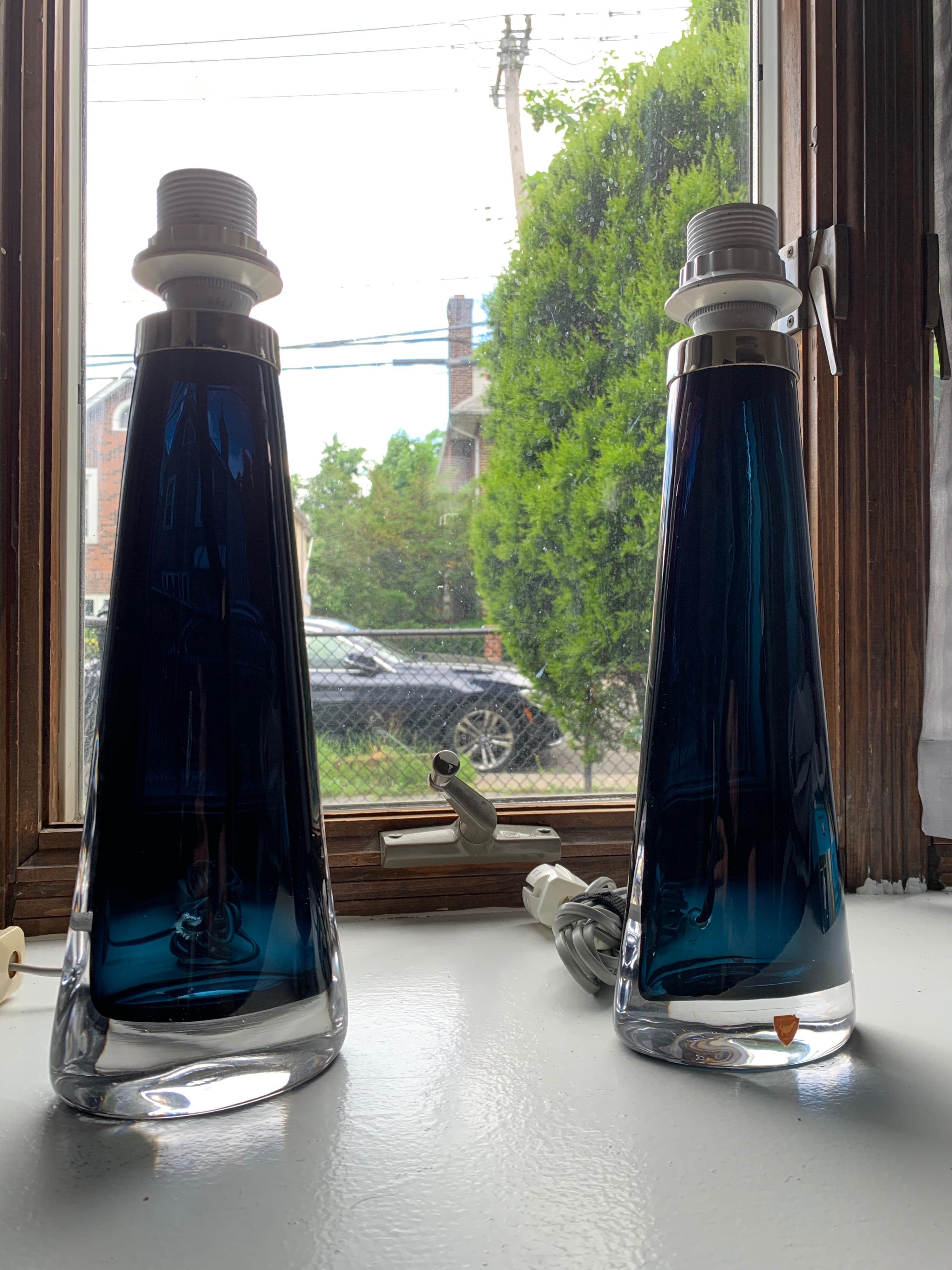 Pair of 1970s Blue Conical Orrefors Lamps Design Carl Fagerlund, Sweden, 1970 In Good Condition For Sale In Bronx, NY